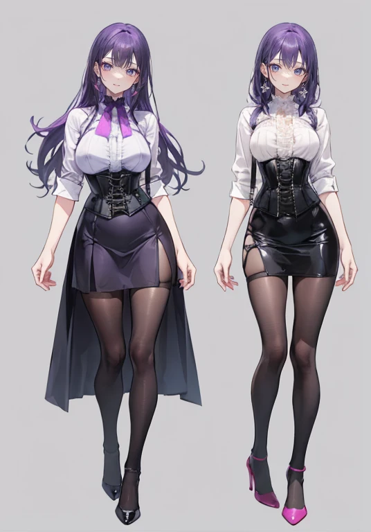 Purple hair,long hair,Adult female,((Body harness)),((Shirt with rolled up sleeves)),(Corset),(Tight skirt),(high heels),((Simple background)),Smile,((Full body)),((whole body)),Character Sheet,