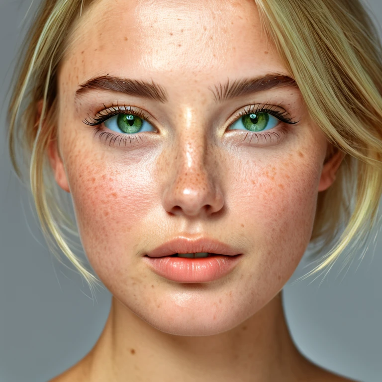 young woman:1,Blonde hair, bright highlighting, green slanted eyes, sharp upturned thin nose, freckles, plump lips, blush, thin chiseled figure), (Best quality, 4k, 8K, a high resolution,masterpiece: 1.2),Super detailed