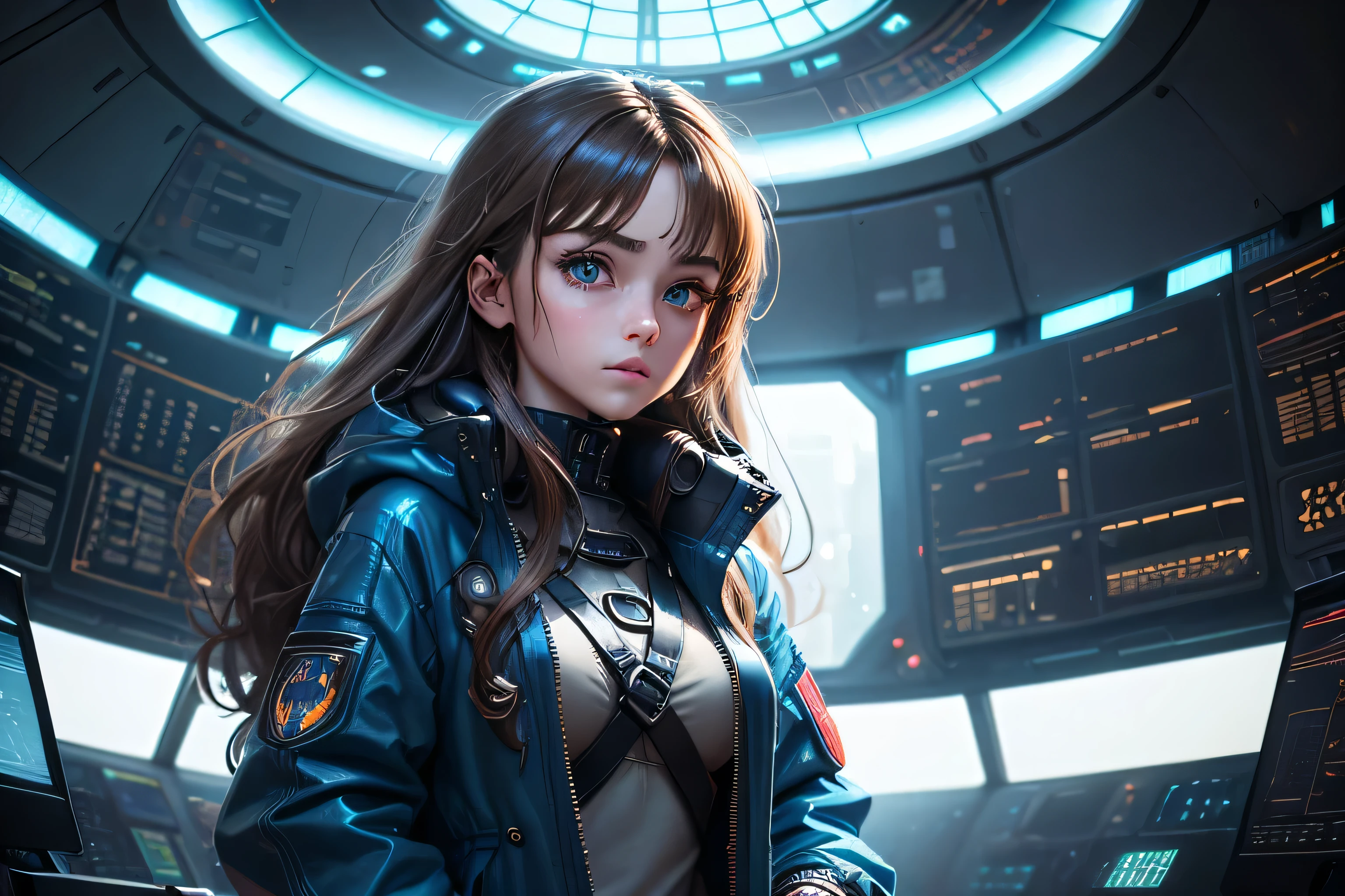 (ultra-detailed, masterpiece:1.2), cyberpunk style, cute girl, voluminous brown locks, wind-blown, large beautiful blue eyes, detailed iris, pronounced eyelashes, dressed in a raincoat, a girl stands inside a spaceship, dim light, pronounced light from the control panel