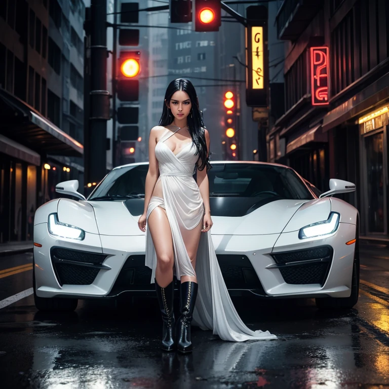 young beautiful woman wearing a white gauze dress.high boots and standing on a street full of street lights at night.crouched on the asphalt,exquisite color grading, super resolution, futuristic car with open door,crouched on the asphalt, neon reflection on the wet asphalt,megapixels, steampunk, cinematic lightning, anti-aliasing, extremely detailed and complex, hyper-maximalistic, long black hair, casual pose
