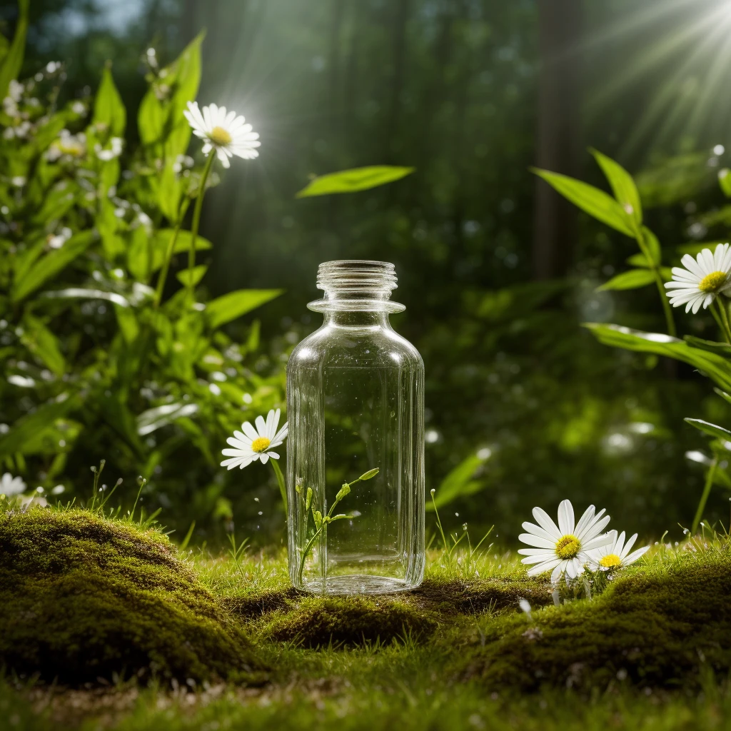 Meisterwerk, beste Qualität,  filmisches Foto eines leeren Bereichs auf der Wiese mit einer Glasflasche im Hintergrund, Wald landscape, Natur, realistisch, Wald, Gras,  outdoor , realistisch rendering style, fliegender Schmetterling, kleines weißes Gänseblümchen , Schärfentiefe,  foto, Film, highres