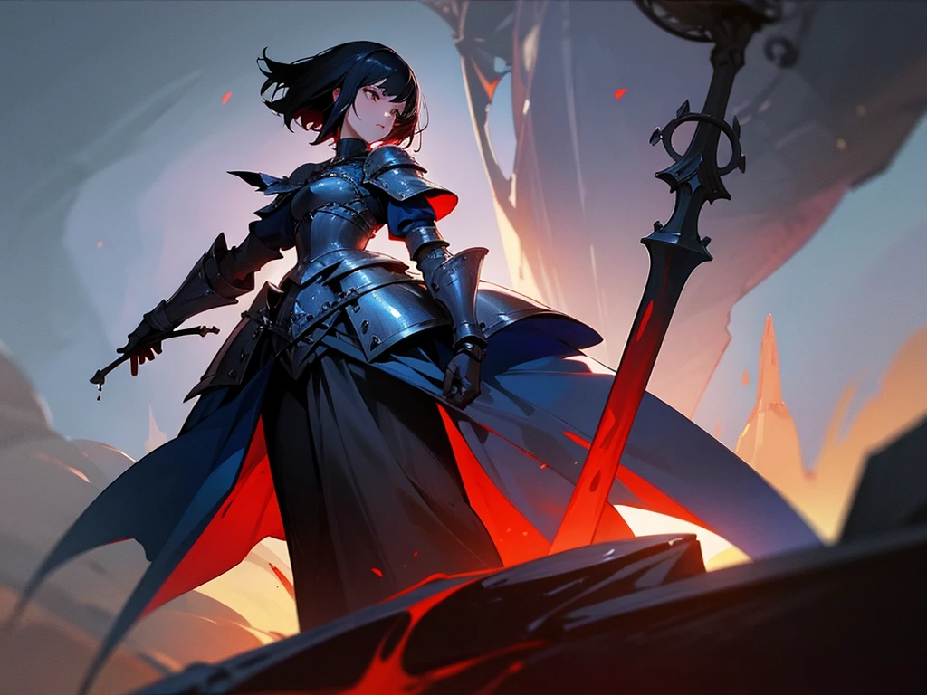 medival fantasy, 1woman, short black hair, medival blue armor, ominous, red liquid in the background, night, black sky