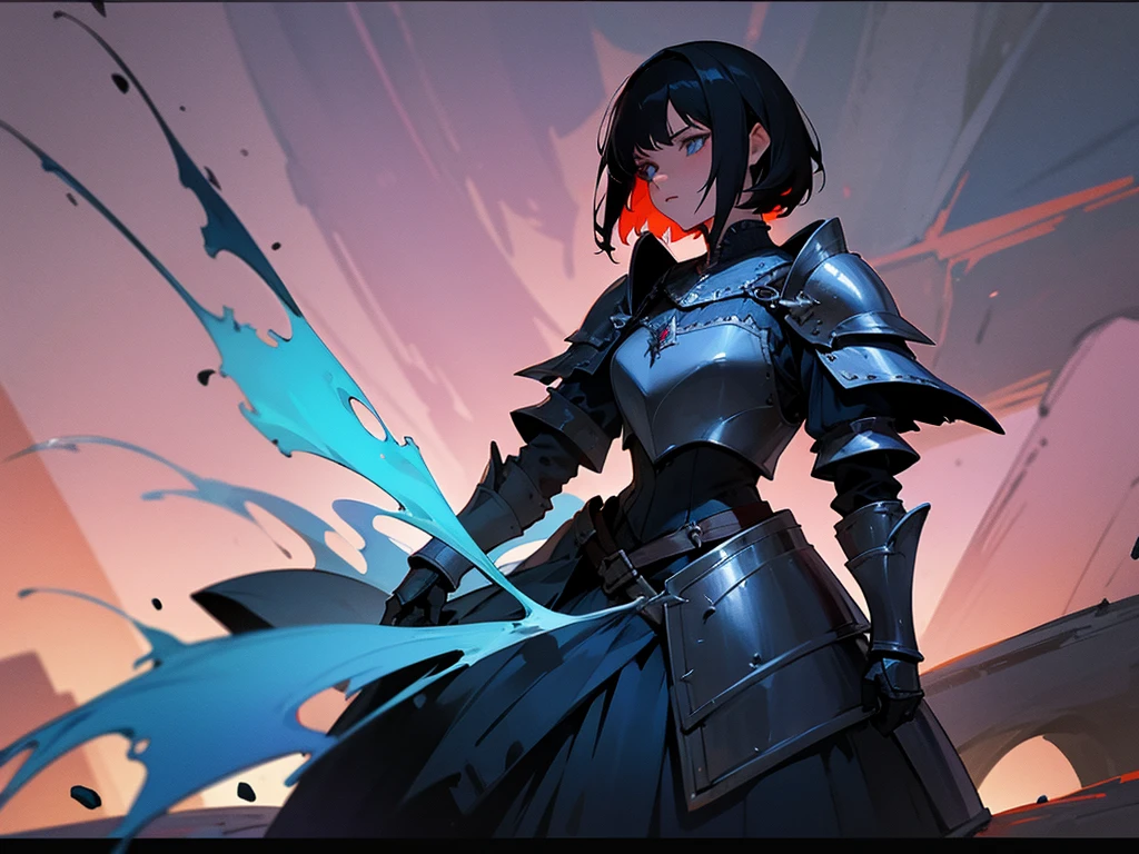 medival fantasy, 1woman, short black hair, medival blue armor, ominous, red liquid in the background, night, black sky