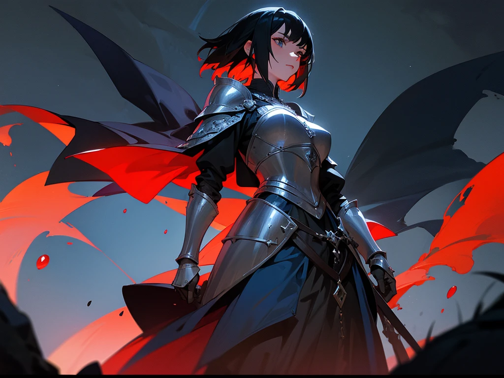 medival fantasy, 1woman, short black hair, medival blue armor, ominous, red liquid in the background, night, black sky