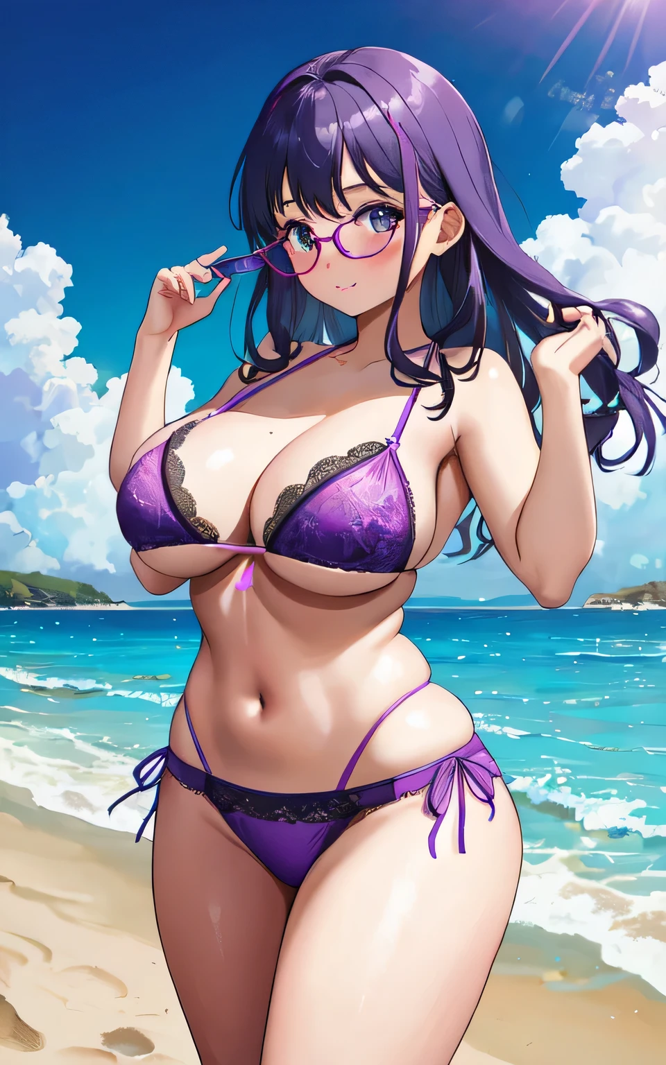 A 6--old l with big breasts, plump body, round, dressed in a purple lace bikini, on the beach, wearing glasses and wearing a thin tulle