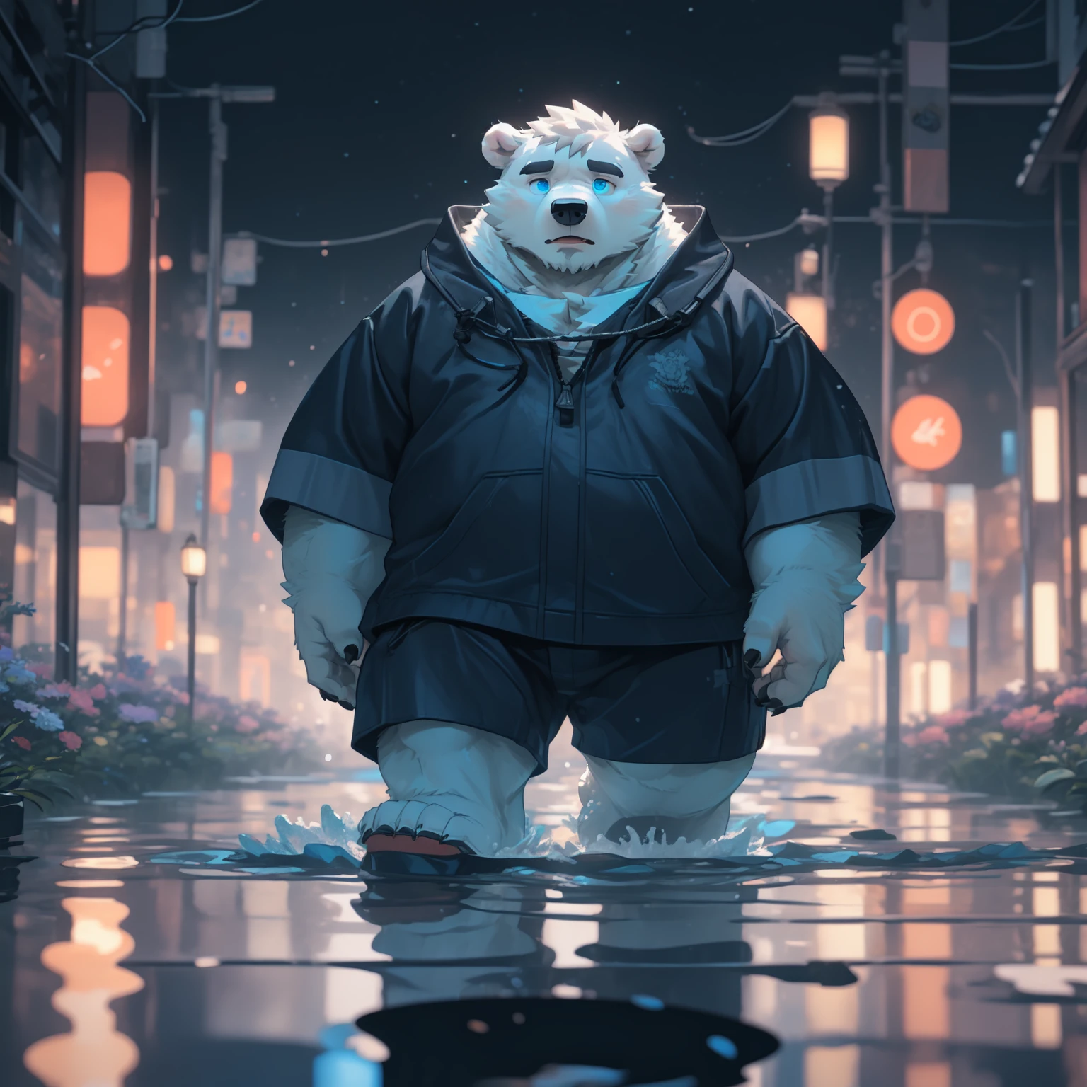 New Jersey 5 Furry，polar bear，Solitary，Chubby，Fat，Thick arms，Rugged muscles，White plush fur，Chubby脸，Black eyebrows，Sky blue eyes，（Beard），Jesus Walking on Water During a Storm, masterpiece, best quality, high quality, Extremely detailed CG unit 8k wallpaper, Award-winning photography, Bokeh, Depth of Field, HDR, Bloom, Chromatic Aberration, Reality, Extremely detailed, Popular on artstation, Popular on CGSociety, Wheels within wheels, High Detail, dramatic, Art on the go, Volumetric Lighting