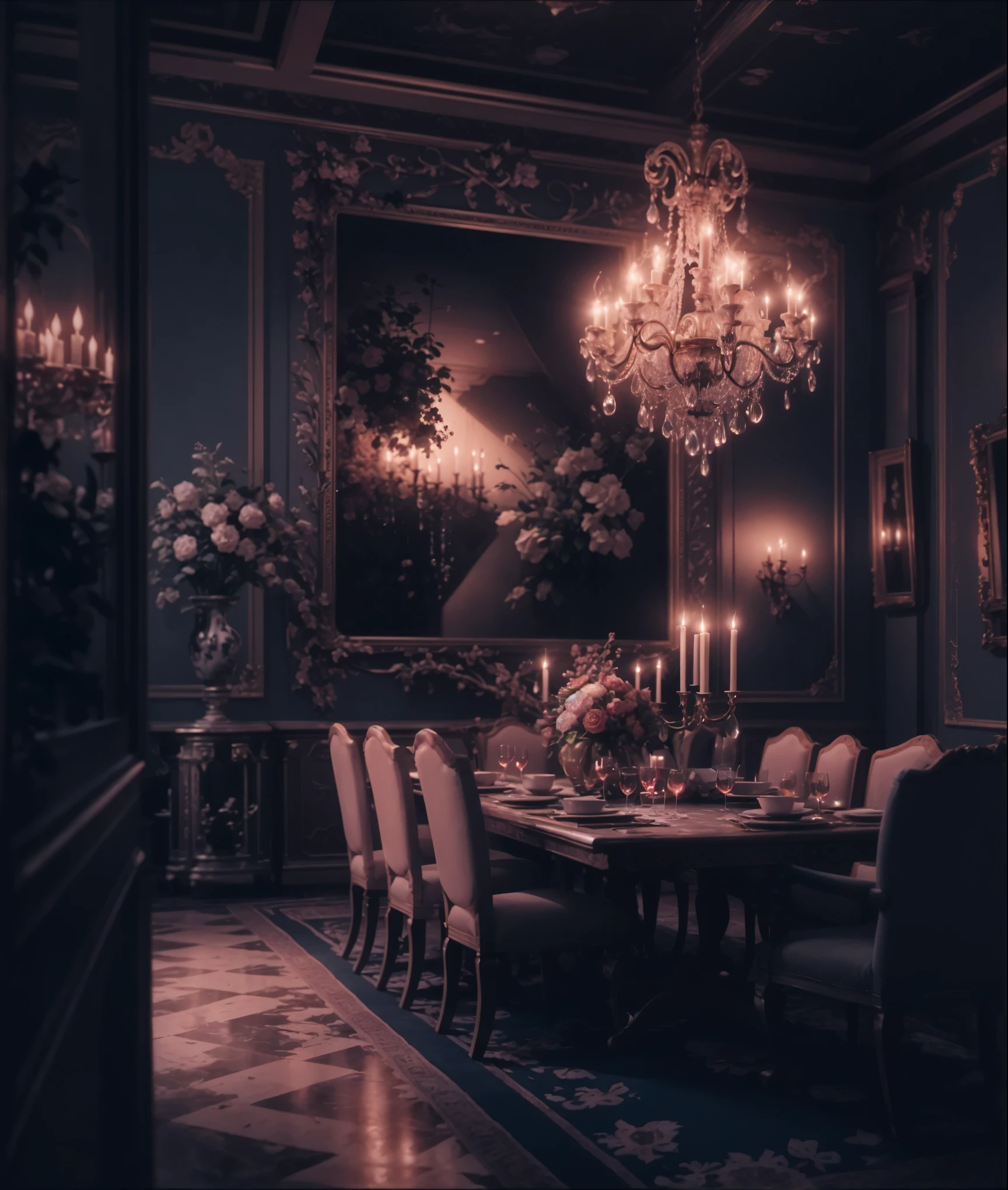 ((The time of day is evening)). A luxurious dining room in the building. The interior is a modern classic. The middle table is covered with a tablecloth. On the table are exquisite tableware and cutlery. The glasses are filled with wine. A lighted chandelier above the table.
