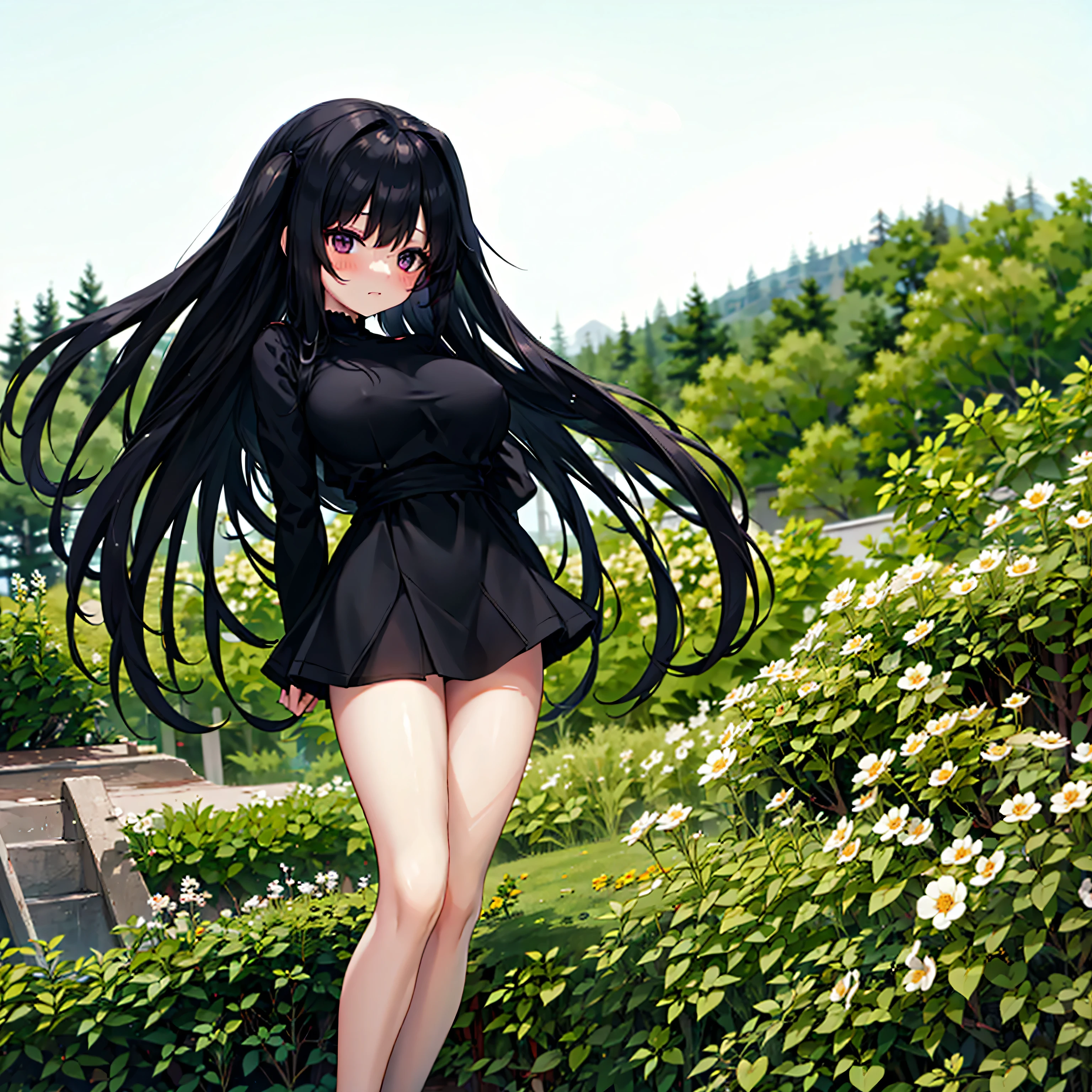 (solo), 1 skinny girl standing, blowing wind, long black hair, (jitome), swinging back, arms behind back, BREAK, huge breasts, short torso, inconceivably narrow waist, BREAK, very short black layered dress, (Gothic ta), BREAK, (nsfw:0.5), nose blush