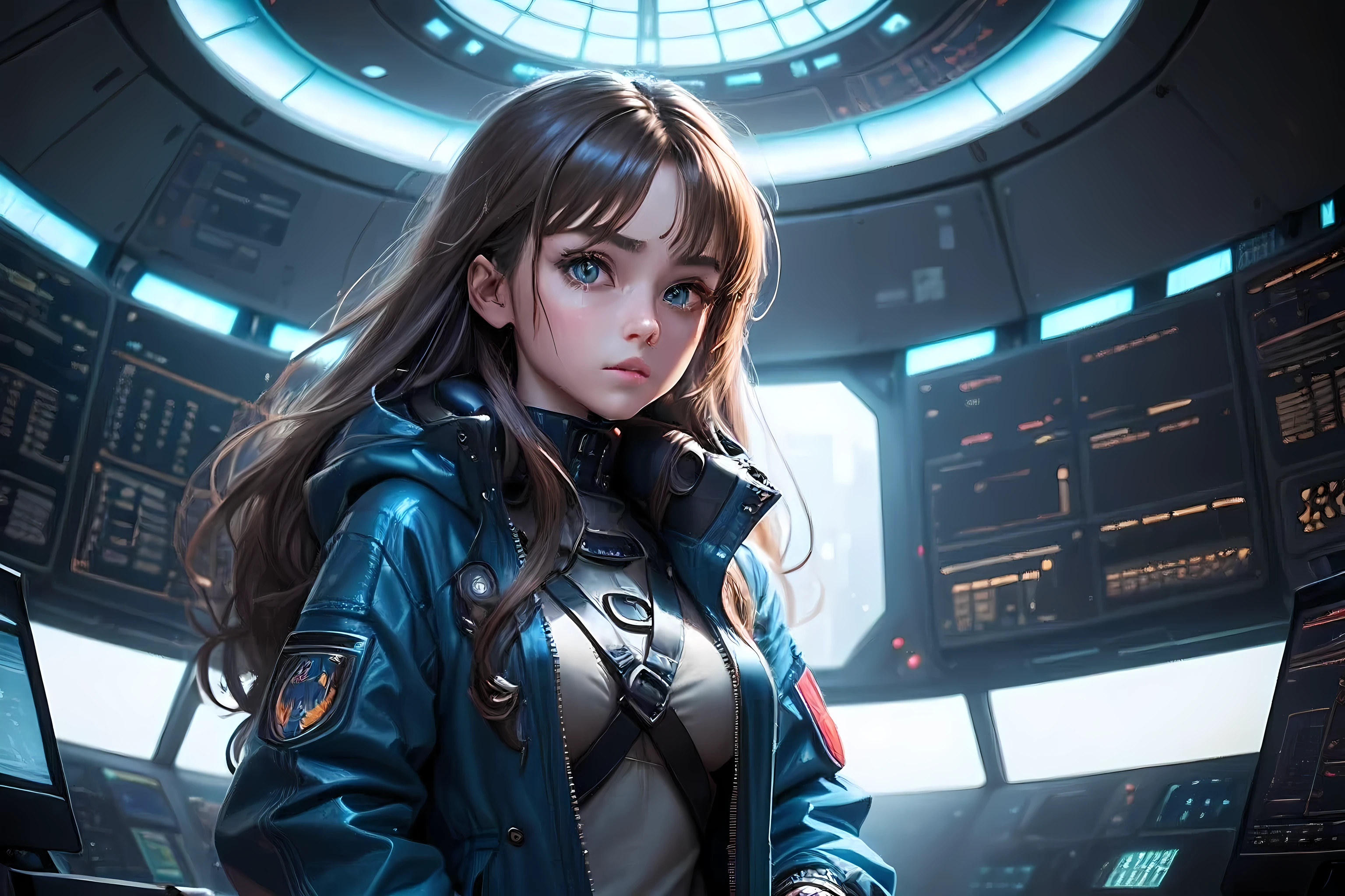(ultra-detailed, masterpiece:1.2), cyberpunk style, cute girl, voluminous brown locks, wind-blown, large beautiful blue eyes, detailed iris, pronounced eyelashes, dressed in a raincoat, a girl stands inside a spaceship, dim light, pronounced light from the control panel
