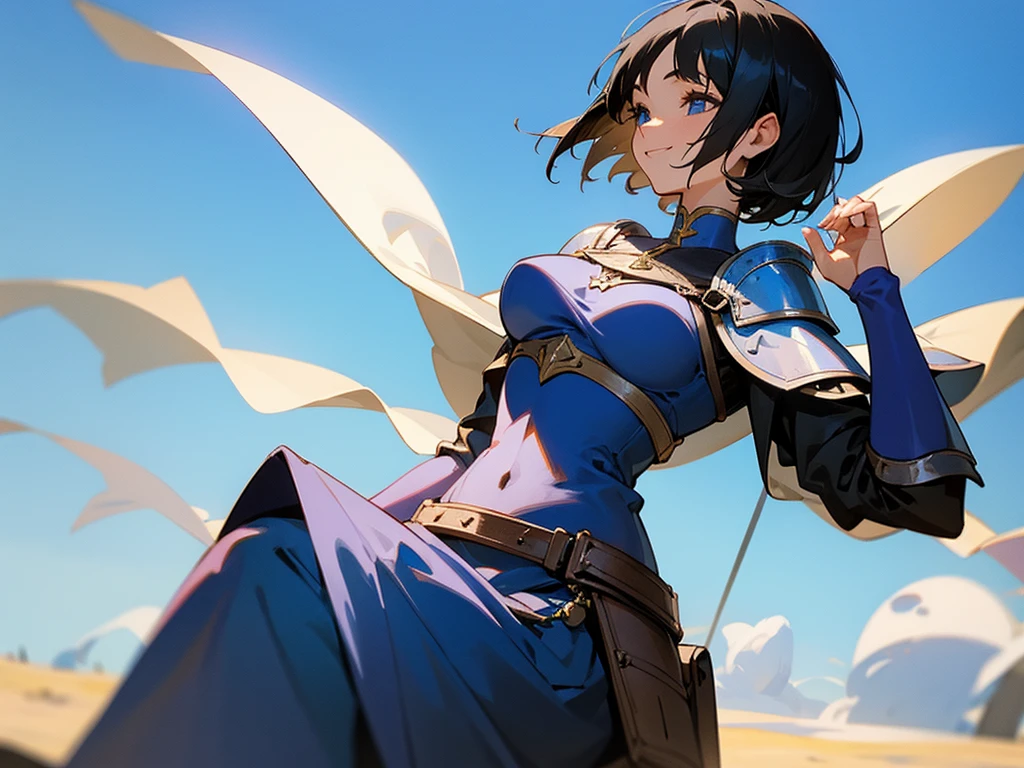 medival fantasy, 1woman, short black hair, medival blue armor, warm smile, blue sky background