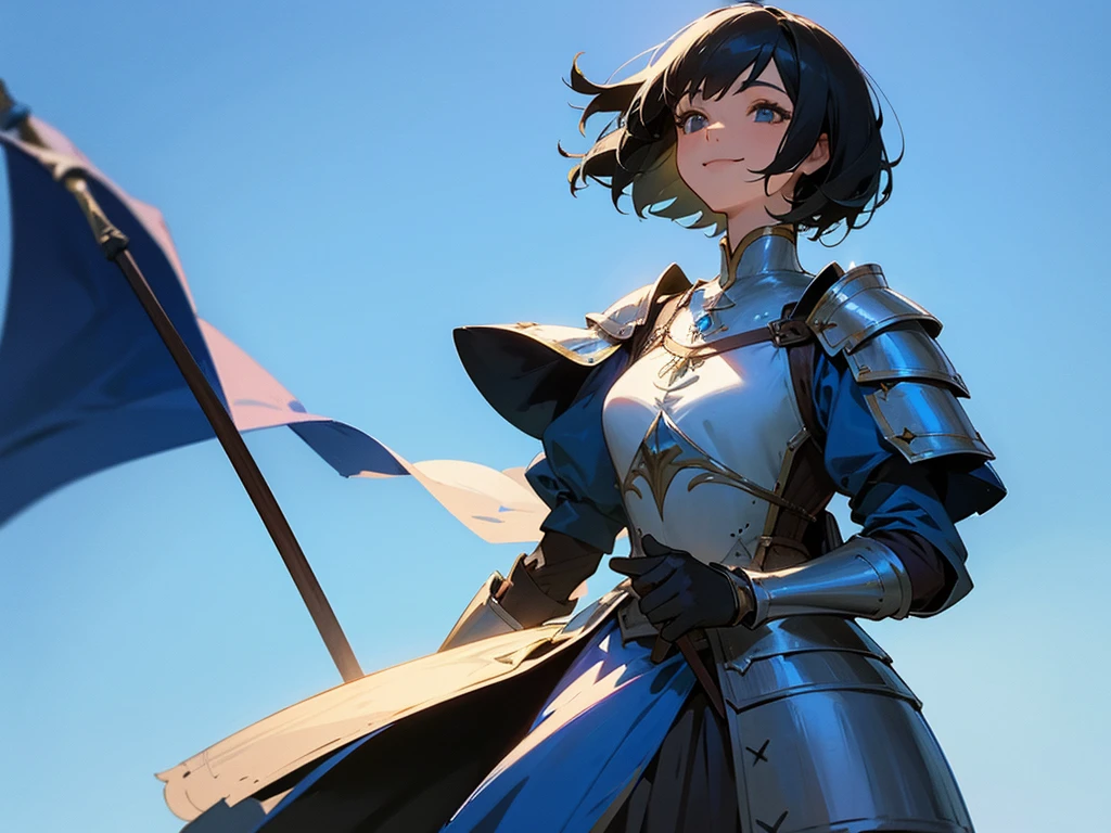 medival fantasy, 1woman, short black hair, medival blue armor, warm smile, blue sky background