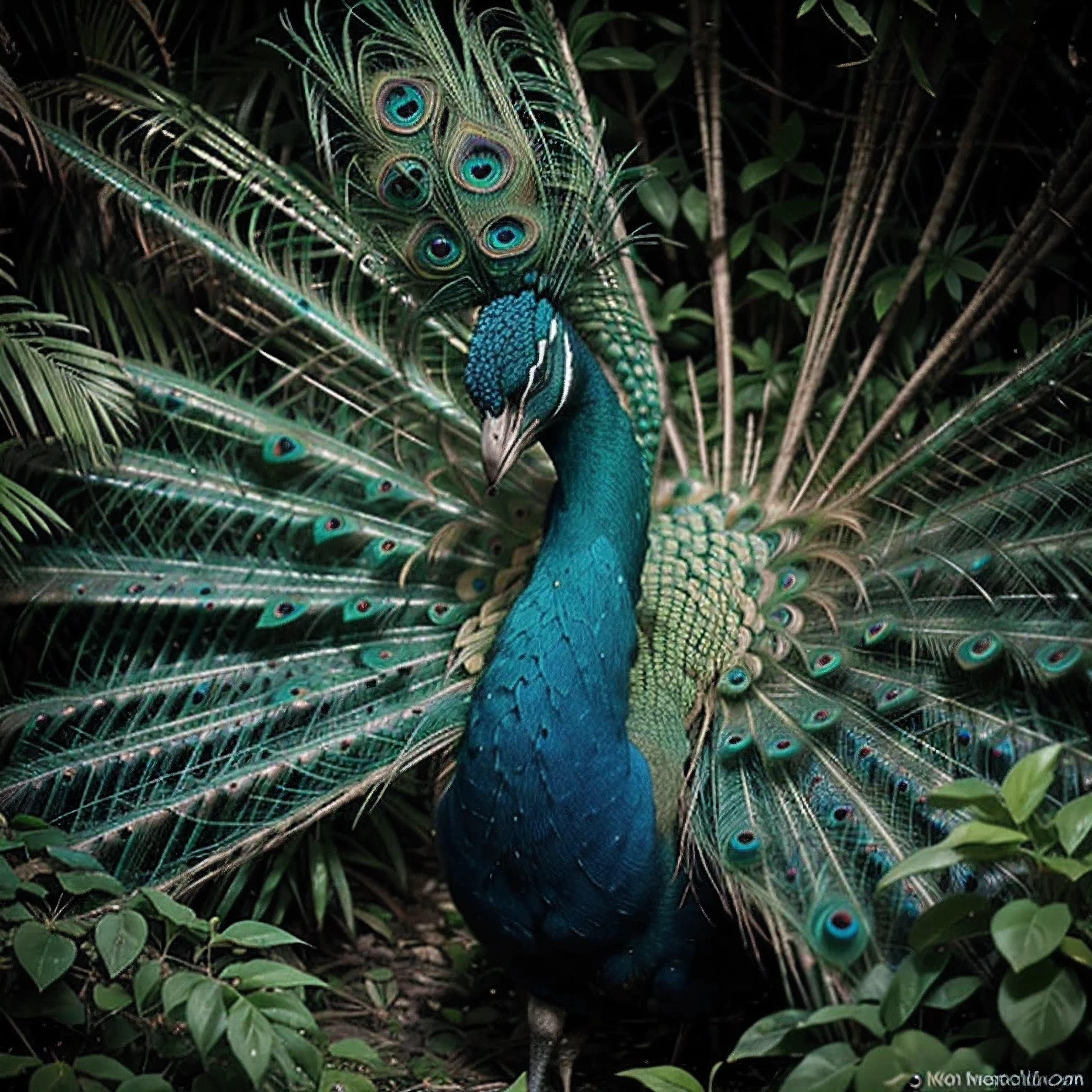 "Paint a vivid scene of a peacock gracefully spreading its feathers as it wanders through the depths of the jungle."