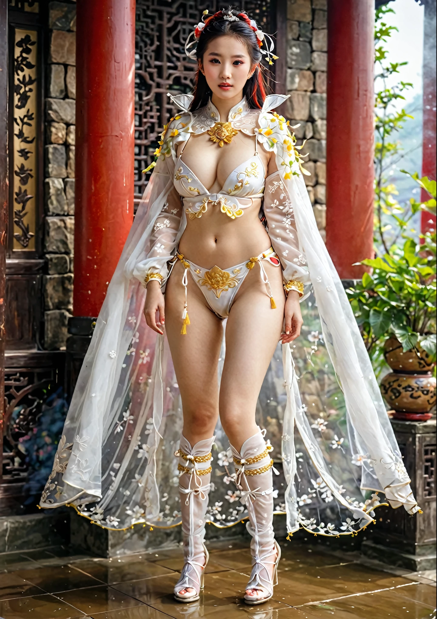 Empress of China, Fashionable Hanfu, shy, Embarrassed look,  Wearing red hat sexy red white bikini underwear, see-through clothing，see through underwear，see through cloak,  Long-legged girl, Put on white boots, ,full body xianxia,  Super huge breasts, Girl, 穿着fantasy服装, Real 8000g，Impeccable，masterpiece，Professional artwork，masterpiece，Light，Bloom，Perfect face，Pretty Face，fantasy，Fantastic and magical，not real，Intricate details，beautiful pattern