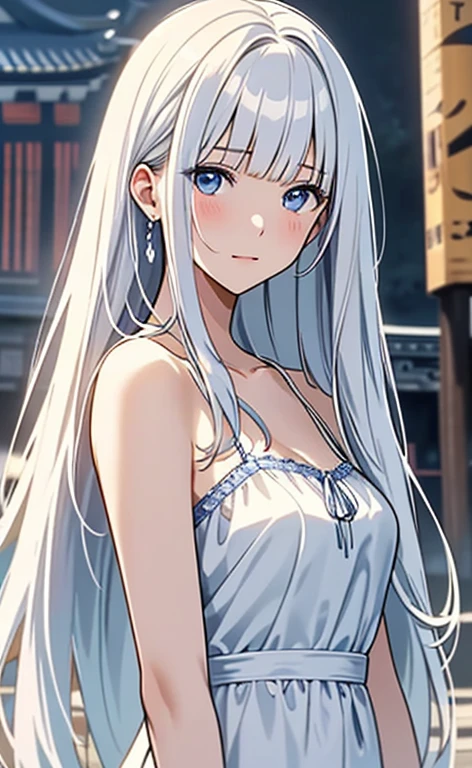 (masterpiece:1.4、top-quality、illustration:,realistic、)、(character focus、,upper body1.3)、(1girl),(clear face:1.3),(),cute face,blue eyes、(tareme:1.3)、(),
(),(stand:1.4)、(),、
(white hair),(very long hair:1.5)、
,(temple:1.3),（white camisole dress:1.5),
(blunt bangs),(,sidelocks:1.3), (large breasts)、
、slender、