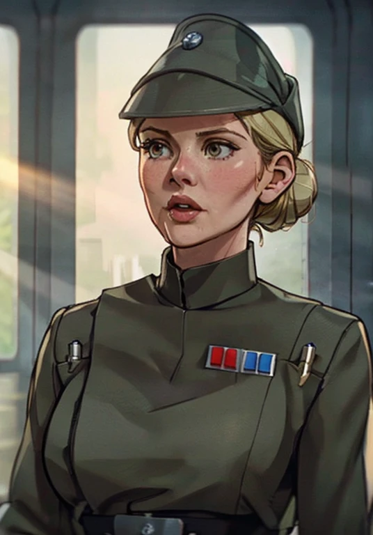 Disney style animation, Elisha Cuthbert in olive gray imperialofficer uniform and hat, blonde hair in bun, subsurface scattering, sharp focus (Flickering light:1.1), dlsr, ultra sharp, professional Photographer, subsurface scattering, film grain, very detailed skin texture, nsfw 