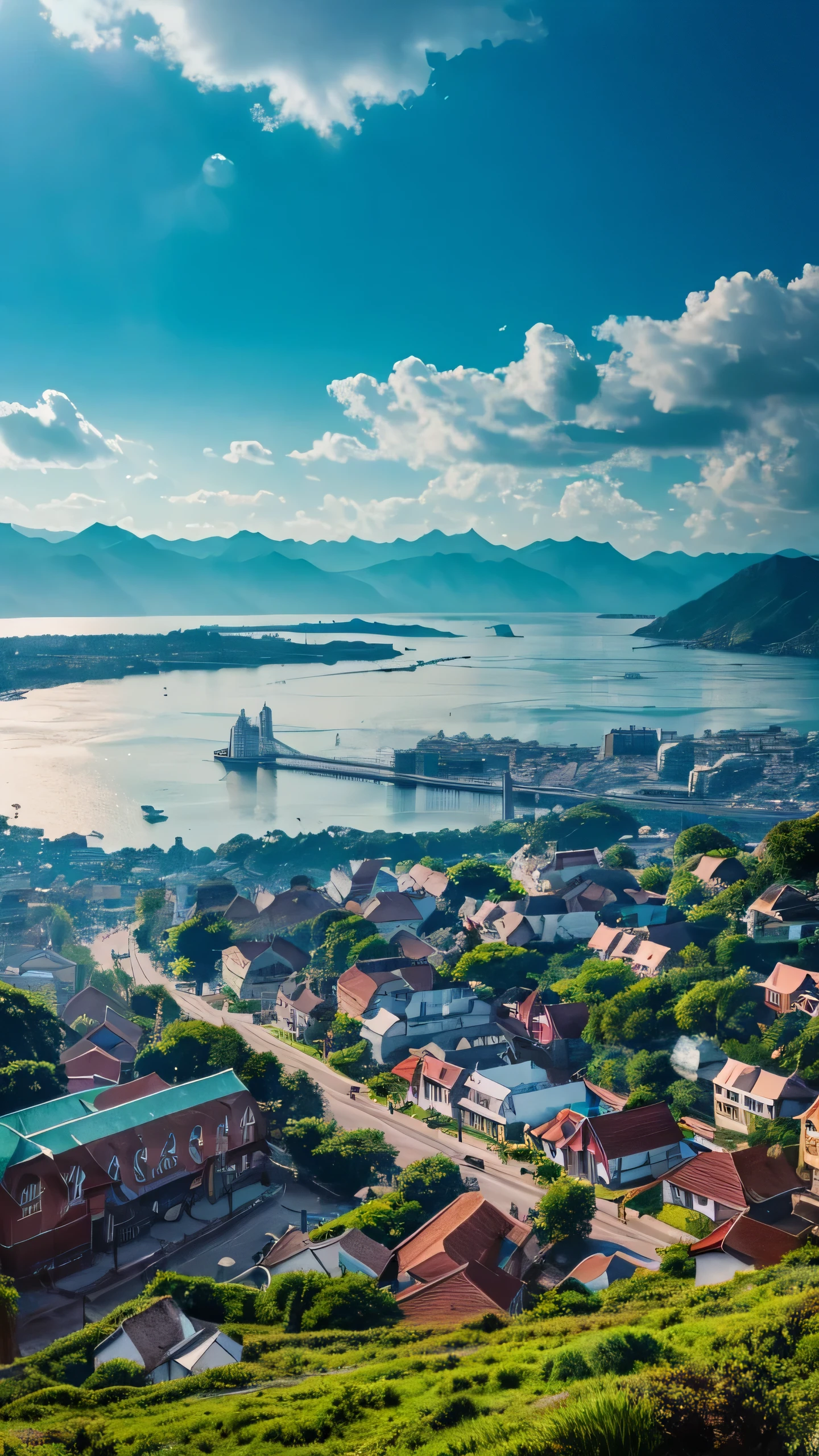 Highest quality,Fantasy,Town with a view of the sea