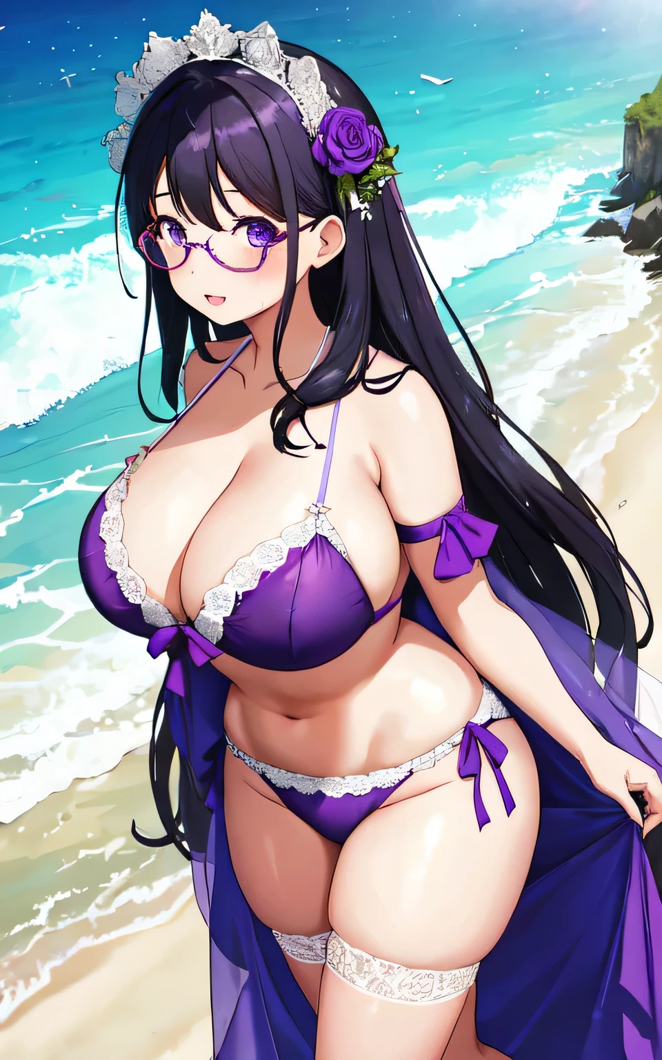 A 6--old l with big breasts, plump body, round, dressed in a purple wedding dress, lace bikini, on the beach, wearing glasses, wearing a thin tulle