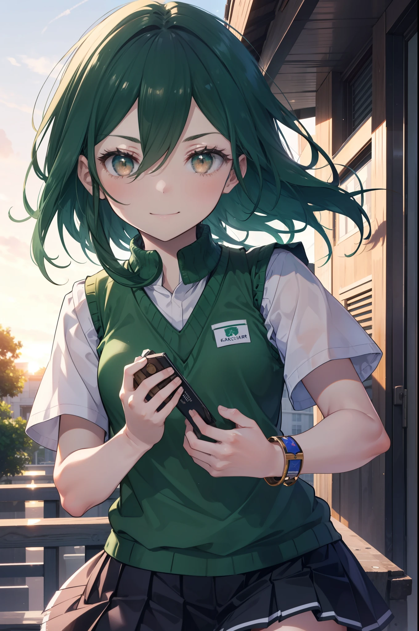 CruschKarsten, Crusch Karsten, Long Hair, Hair between the eyes, Green Hair, (Brown eyes:1.4),smile,,
Armband, White shirt,Short sleeve,Sweater vest, (green Sweater vest:1.5),Black pleated skirt,Black socks,Brown Loafers,whole bodyがイラストに入るように,Sunset,evening,The sun is setting,歩いている
break outdoors, School　courtyard,
break looking at viewer,whole body,
break (masterpiece:1.2), highest quality, High resolution, unity 8k wallpaper, (shape:0.8), (Beautiful and beautiful eyes:1.6), extレムely detailed face, Perfect lighting, extレムely detailed CG, (Perfect hands, Perfect Anatomy),