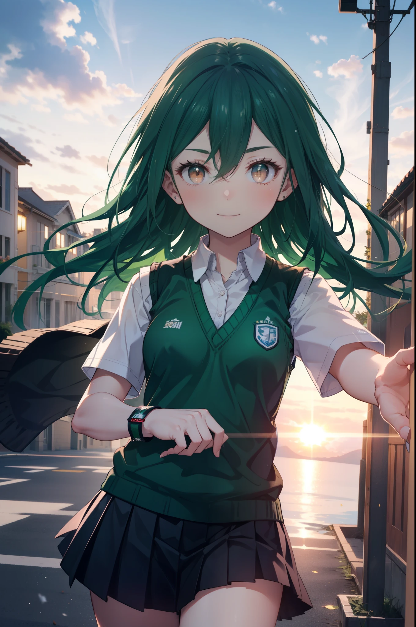 CruschKarsten, Crusch Karsten, Long Hair, Hair between the eyes, Green Hair, (Brown eyes:1.4),smile,,
Armband, White shirt,Short sleeve,Sweater vest, (green Sweater vest:1.5),Black pleated skirt,Black socks,Brown Loafers,whole bodyがイラストに入るように,Sunset,evening,The sun is setting,歩いている
break outdoors, School　courtyard,
break looking at viewer,whole body,
break (masterpiece:1.2), highest quality, High resolution, unity 8k wallpaper, (shape:0.8), (Beautiful and beautiful eyes:1.6), extレムely detailed face, Perfect lighting, extレムely detailed CG, (Perfect hands, Perfect Anatomy),