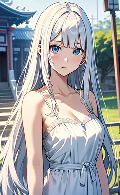 (masterpiece:1.4、top-quality、illustration:,realistic、)、(character focus、,upper body1.3)、(1girl),(clear face:1.3),(),cute face,blue eyes、(tareme:1.3)、(),
(),(stand:1.4)、(),、
(white hair),(very long hair:1.5)、
,(temple:1.3),(white camisole neat dress:1.5),
(blunt bangs),(,sidelocks:1.3), (large breasts)、
、slender、