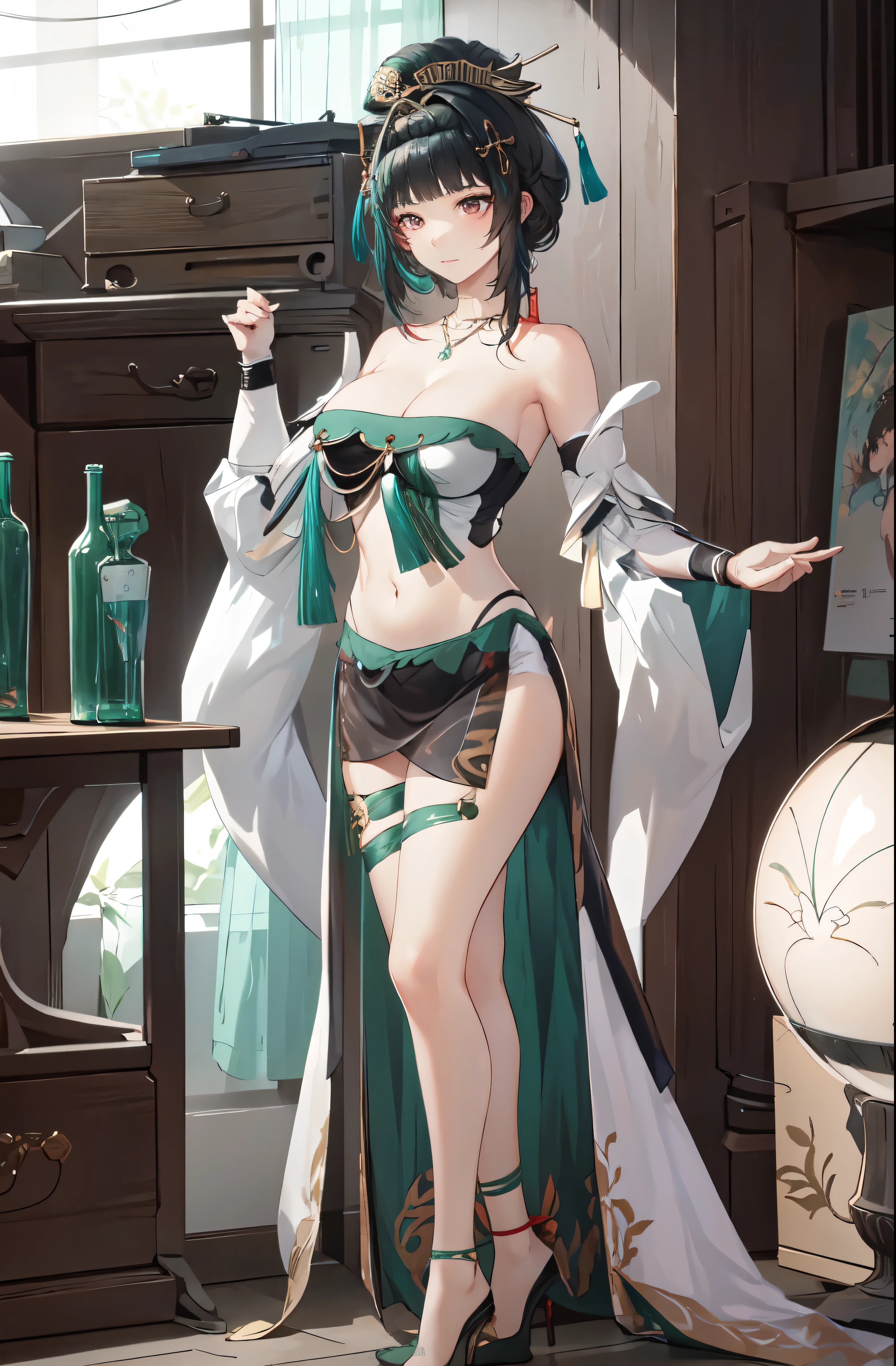 masterpiece, best quality BREAK solo, china dress, highres, 1girl, standing, (large breasts), mature female, hanying, Full body drawing, (masterpiece), (best quality), (hyperdetail), (illustration), ((extremely delicate and beautiful)), (detailed light), (prefect's body), full body drawing, Hanying, HanYing, sexy, sexy belly, sexy belly line, sexy belly button