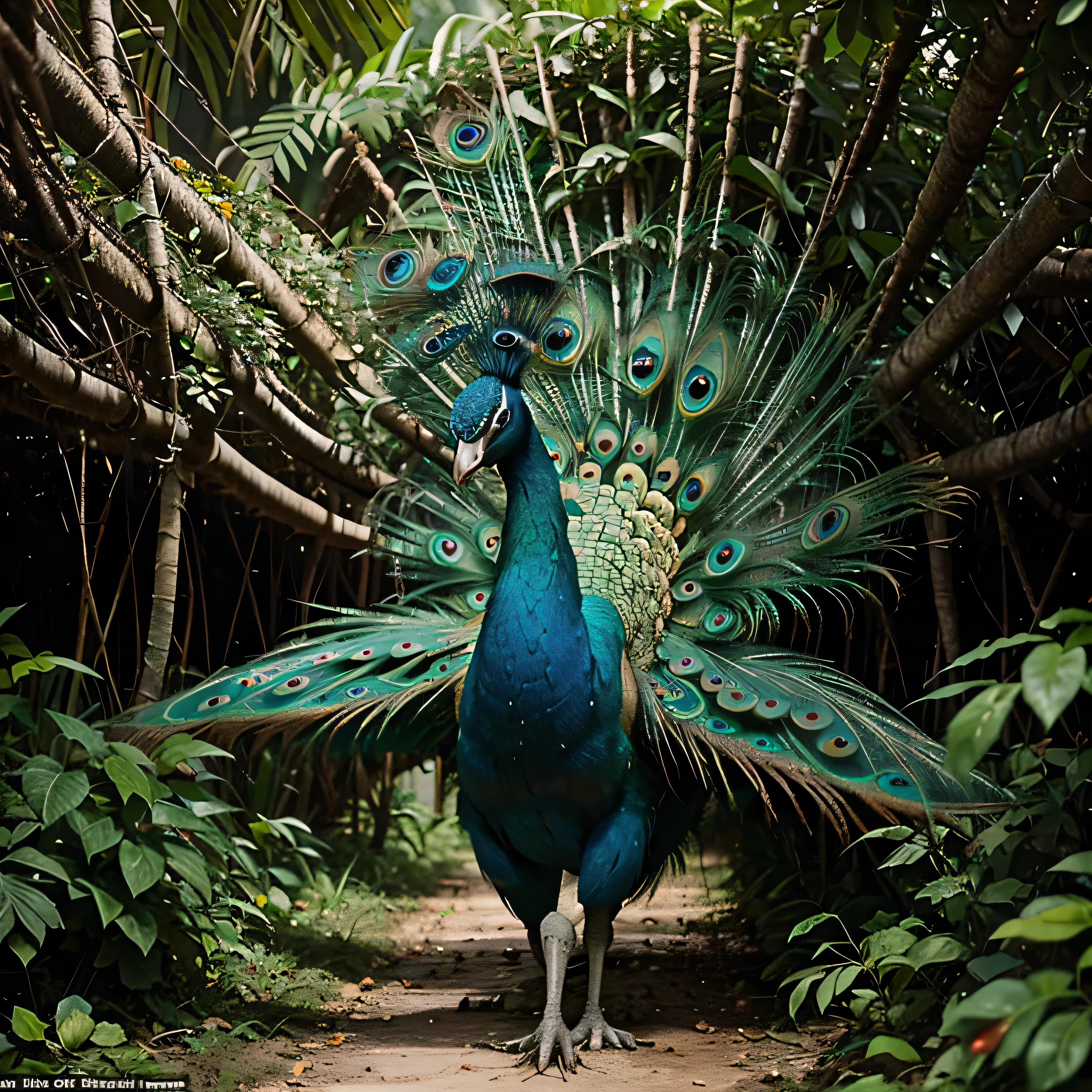 "Paint a vivid scene of a peacock gracefully spreading its feathers as it wanders through the depths of the jungle."