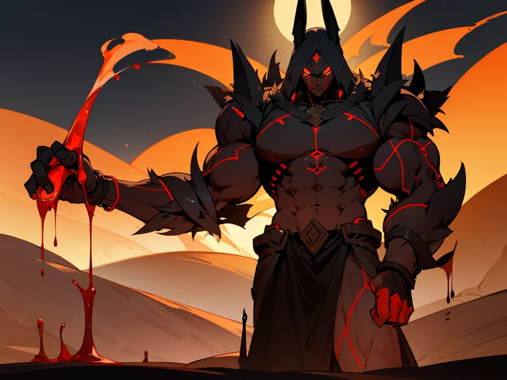 anubis god, muscles, ominous, red liquid in the background, night, desert, black sky