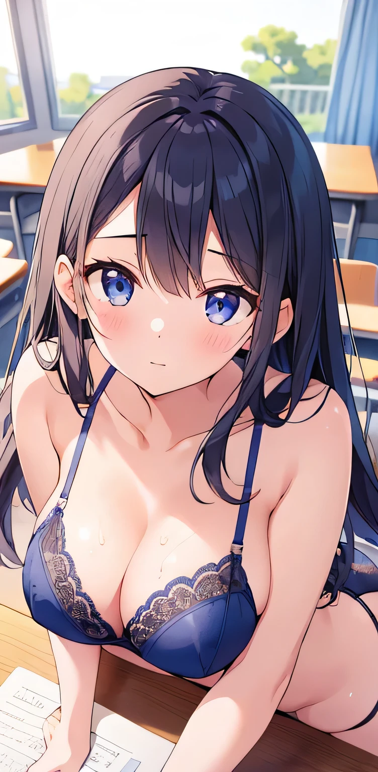 a pure and beautiful girl, with perfect look, body perfectly made, face eyes perfectly made, beautiful , perfectly detailed, no mistake and a perfect effect, delicious look,lying down on the desk,wearing navy buruma,detailed race bra showing,in classroom,dynamic angle,splash semen, semen on her skin