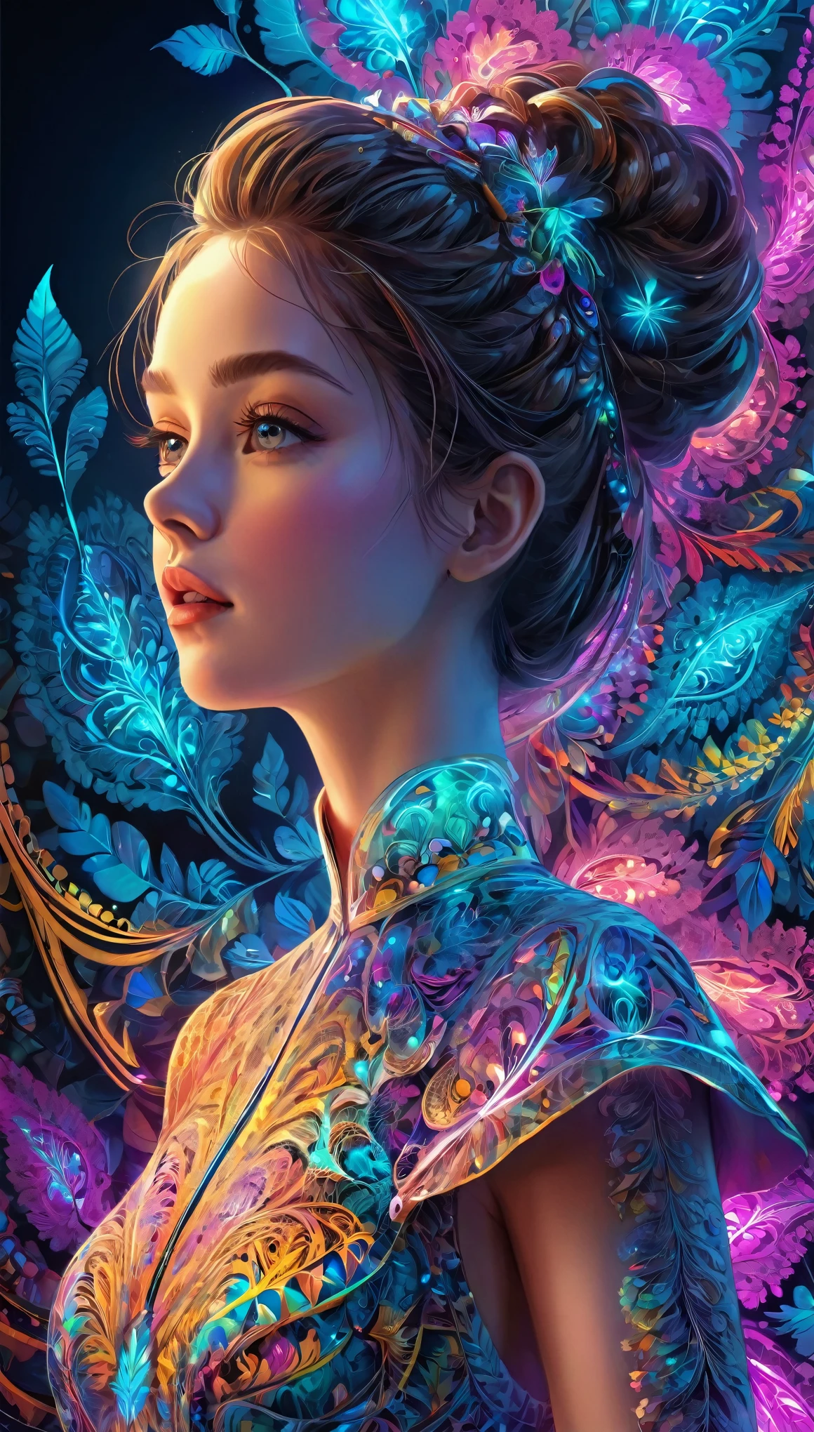 (masterpiece, top quality, best quality, official art, beautiful and aesthetic:1.2), (1girl:1.3), extremely detailed,(fractal art:1.2),colorful,highest detailed,( zentangle neon:1.2), (dynamic pose), (abstract background neon:1.5), (treditional dress:1.2), (shiny skin), (many colors:1.4), upper body ,Neon,16K,Full HD