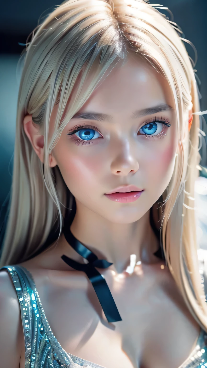 highest quality、8K Masterpiece、Ultra-high resolution、(Realistic:1.3)、RAW Photos、 girl of Scandinavian descent with shiny blonde hair、Silvery blonde hair、Super long straight hair、Bangs between the eyes、bangs over eyes、Hair above one eye、Hair between the eyes、White and lustrous skin、1. Cyberpunk Super Beautiful Soldier、((Ultra-Realistic Details))、Portraiture、Global Illumination、Shadow Realm、Octane Rendering、8K、Super sharp、Beautiful breasts、Bare skin in the cleavage is exposed、Metal、Cold colors、、Very intricate details、Realistic Light、CG Association Trends、Very beautiful, large light blue eyes、Very big eyes、Eyes shining towards the camera、Neon Details、Small Face Beauty、Round face、Cheek highlight