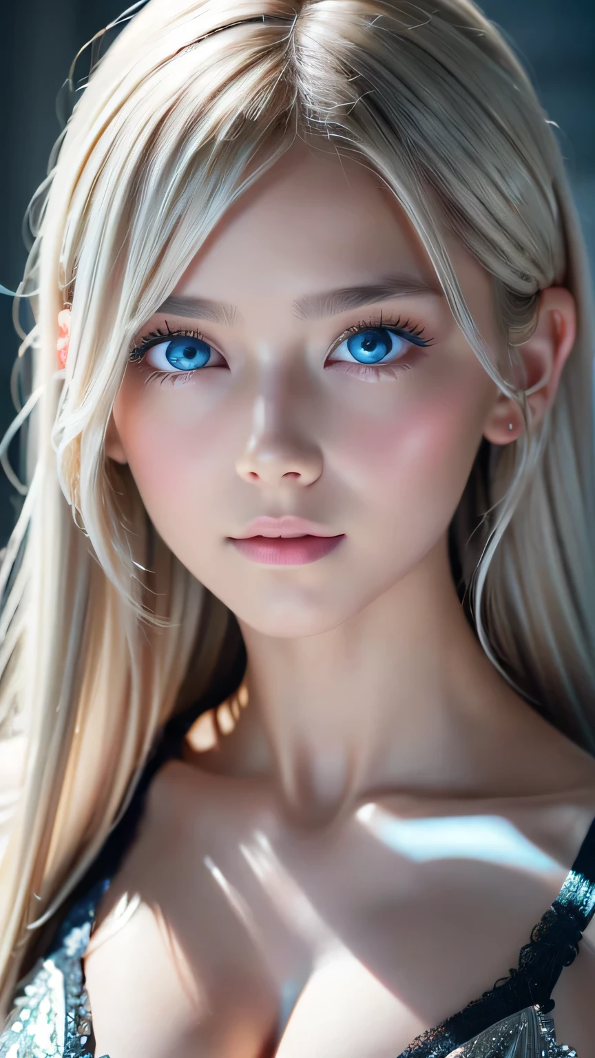 highest quality、8K Masterpiece、Ultra-high resolution、(Realistic:1.3)、RAW Photos、14 year old girl of Scandinavian descent with shiny blonde hair、Silvery blonde hair、Super long straight hair、Bangs between the eyes、bangs over eyes、Hair above one eye、Hair between the eyes、White and lustrous skin、1. Cyberpunk Super Beautiful Soldier、((Ultra-Realistic Details))、Portraiture、Global Illumination、Shadow Realm、Octane Rendering、8K、Super sharp、Beautiful breasts、Bare skin in the cleavage is exposed、Metal、Cold colors、、Very intricate details、Realistic Light、CG Association Trends、Very beautiful, large light blue eyes、Very big eyes、Eyes shining towards the camera、Neon Details、Small Face Beauty、Round face、Cheek highlight
