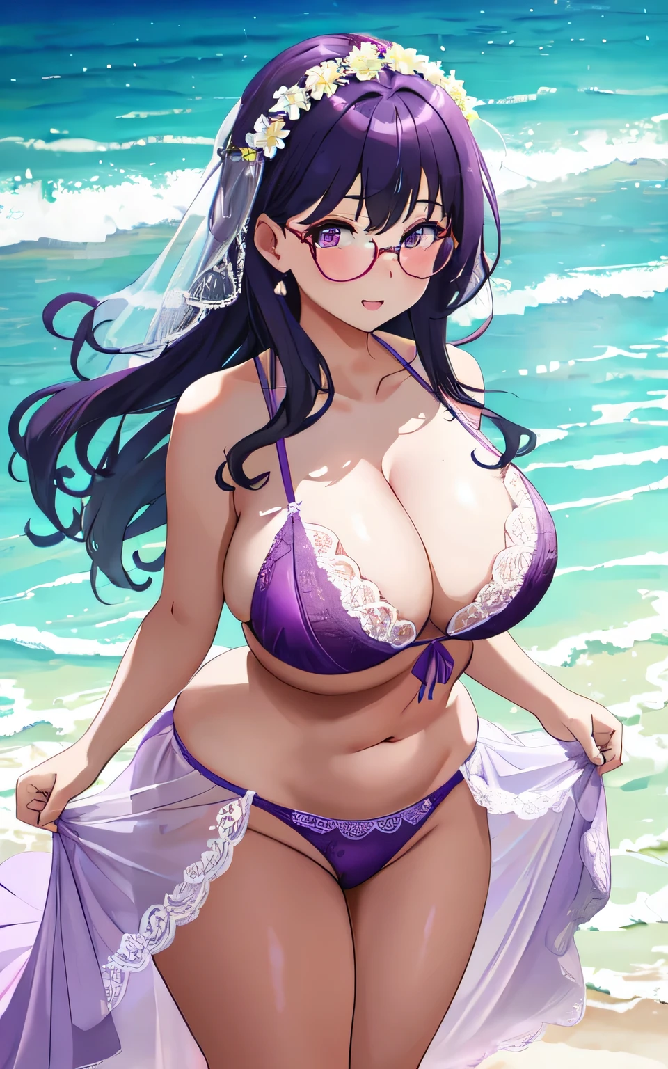 A 6-year-old girl with big breasts, plump body, round, dressed in a purple wedding dress, lace bikini, on the beach, wearing glasses, wearing a thin tulle