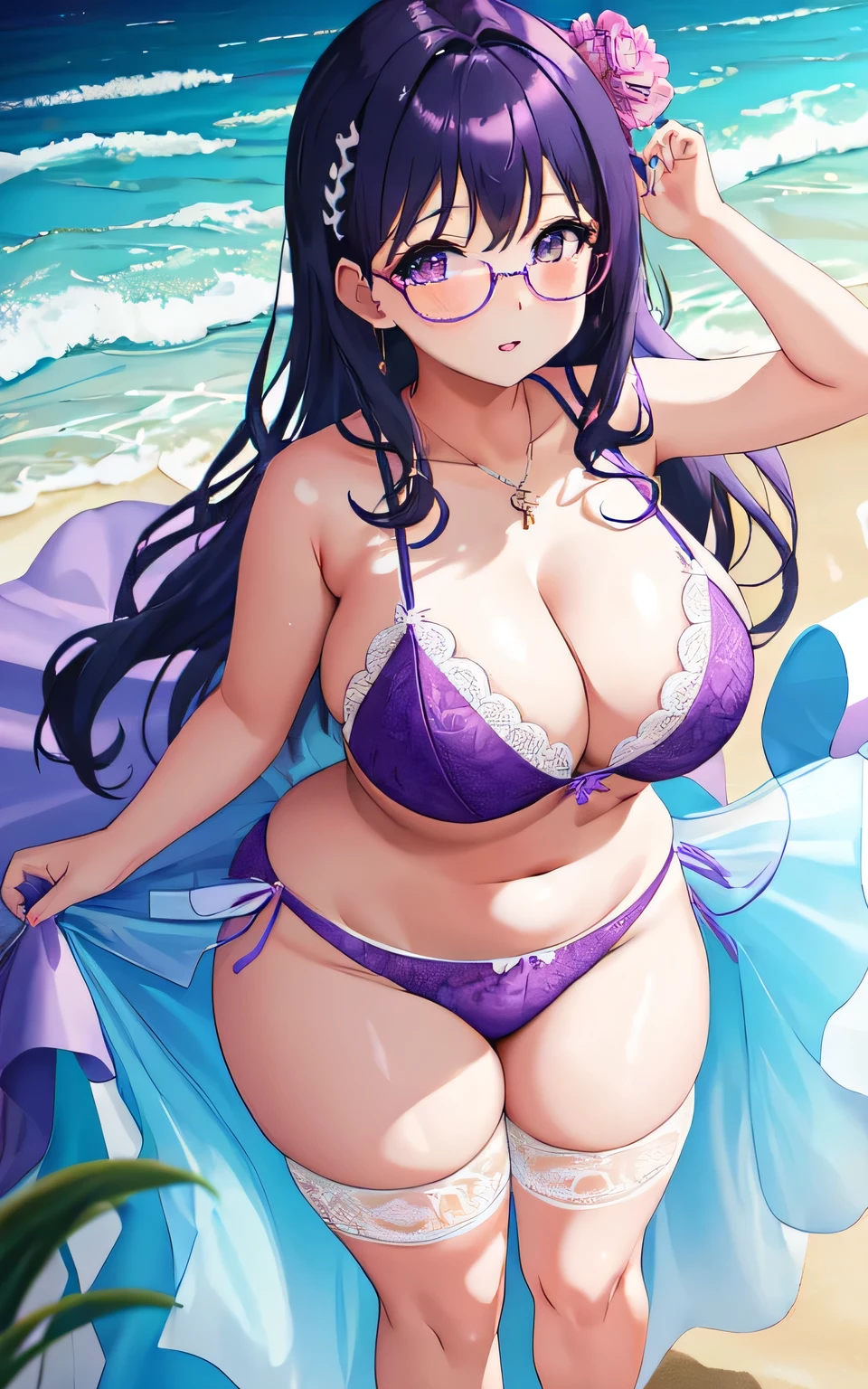 A 6--old l with big breasts, plump body, round, dressed in a purple wedding dress, lace bikini, on the beach, wearing glasses, wearing a thin tulle