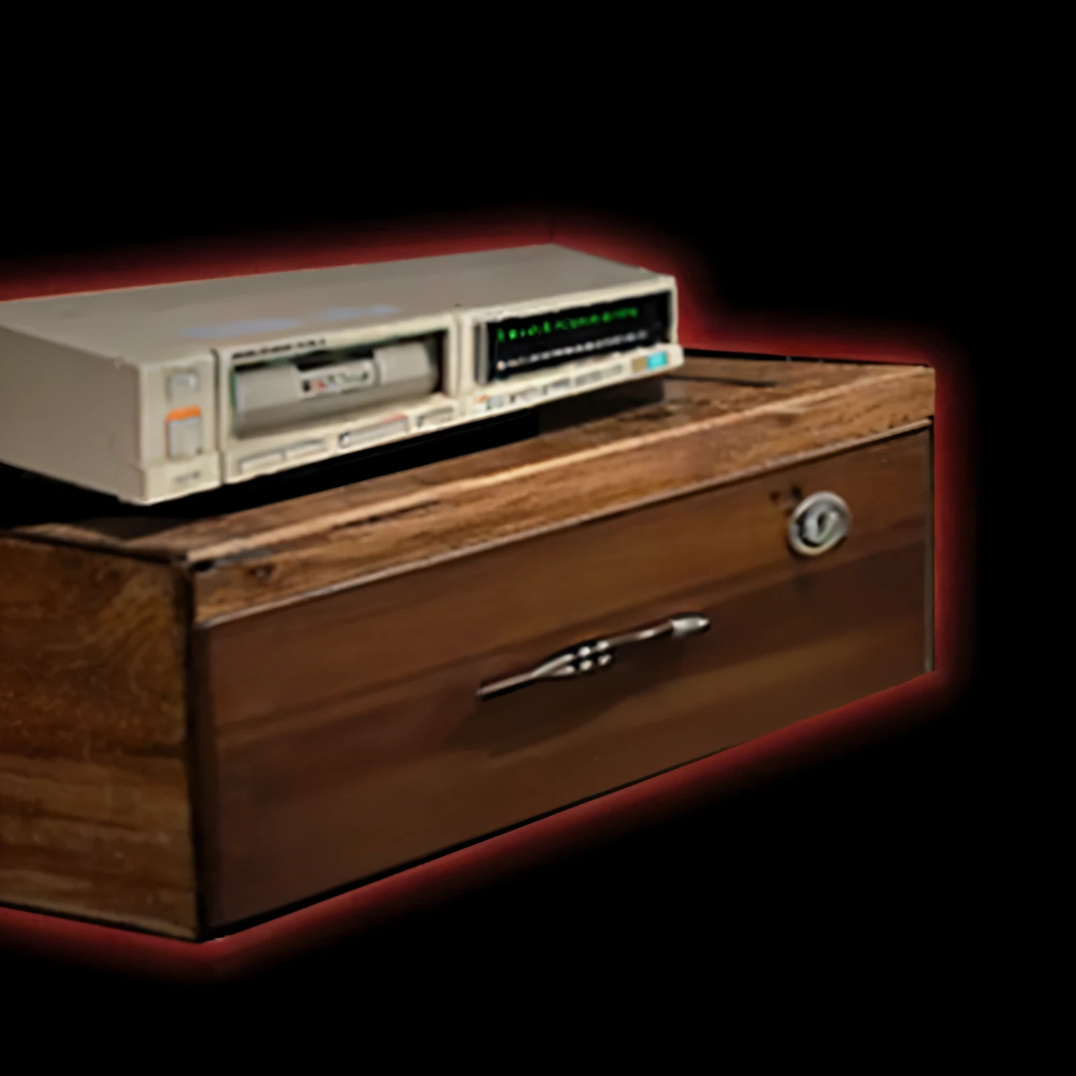 Close-up of a wooden drawer with a round lock and a CD on it,masterpiece,real photos