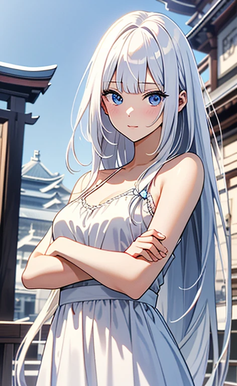 (masterpiece:1.4、top-quality、illustration:,realistic、)、(character focus、,upper body1.3)、(1girl),(clear face:1.3),(),cute face,blue eyes、(tareme:1.3)、(),
(),(stand:1.4)、(),、
(white hair),(long hair:1.5)、
,(temple:1.3),（white camisole neat dress:1.5),
(blunt bangs),(,sidelocks:1.3), (large breasts)、
、slender、