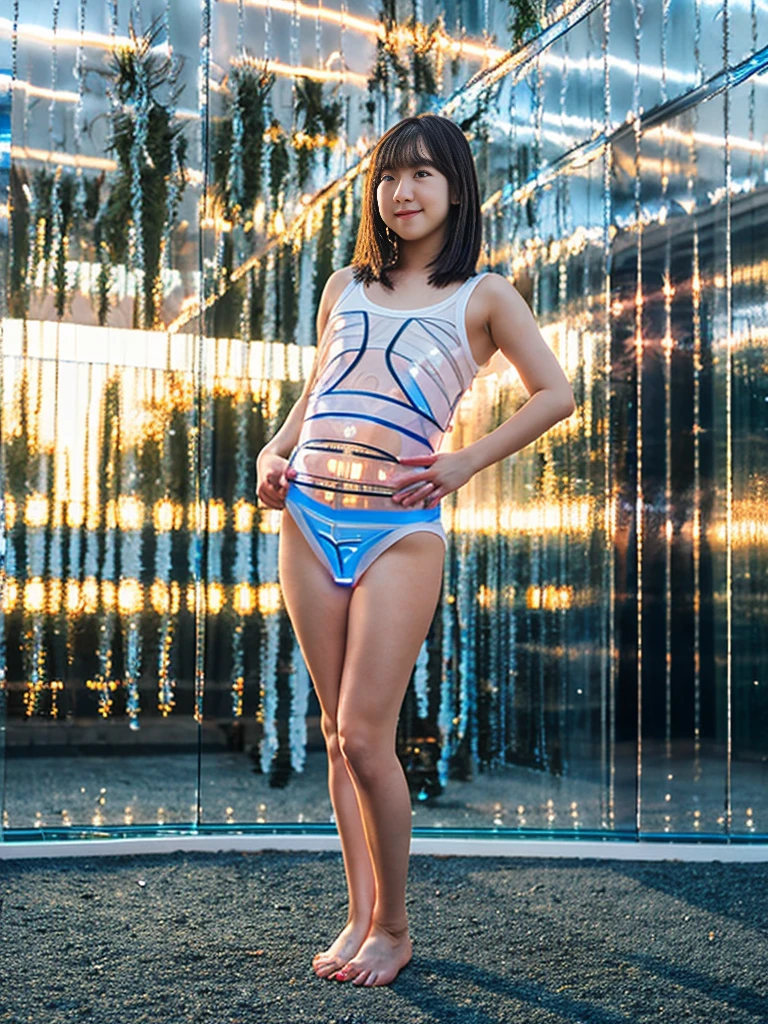 (High resolution、8k,born),One Girl,Cute 16 year old Japanese girl,( (transparent:1.6) ,white,High leg leotard:1.5 ) ,From the knee up、Stand with your back straight,Telephoto lens camera、Looking at the camera、(Large Breasts:1.3)、Thick and glossy lips、Kind eyes ,(Stand in front of a light blue wall,whole body,belly button),(Light brown hair,short_cut), barefoot