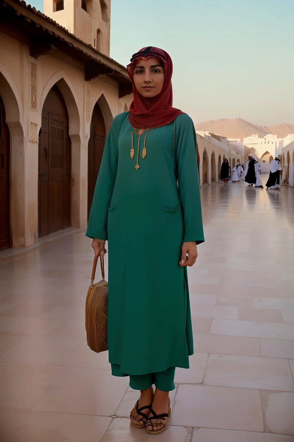 Tetouan, 1936. A young ((((25-year-old)) Sira Quiroga)), beautiful, skinny, at sunrise, in the train station building, ((scared expression)), ((((oversized arab clothings from the 1930s)))), ((hairstyle of the 1930s)), ((colorful)