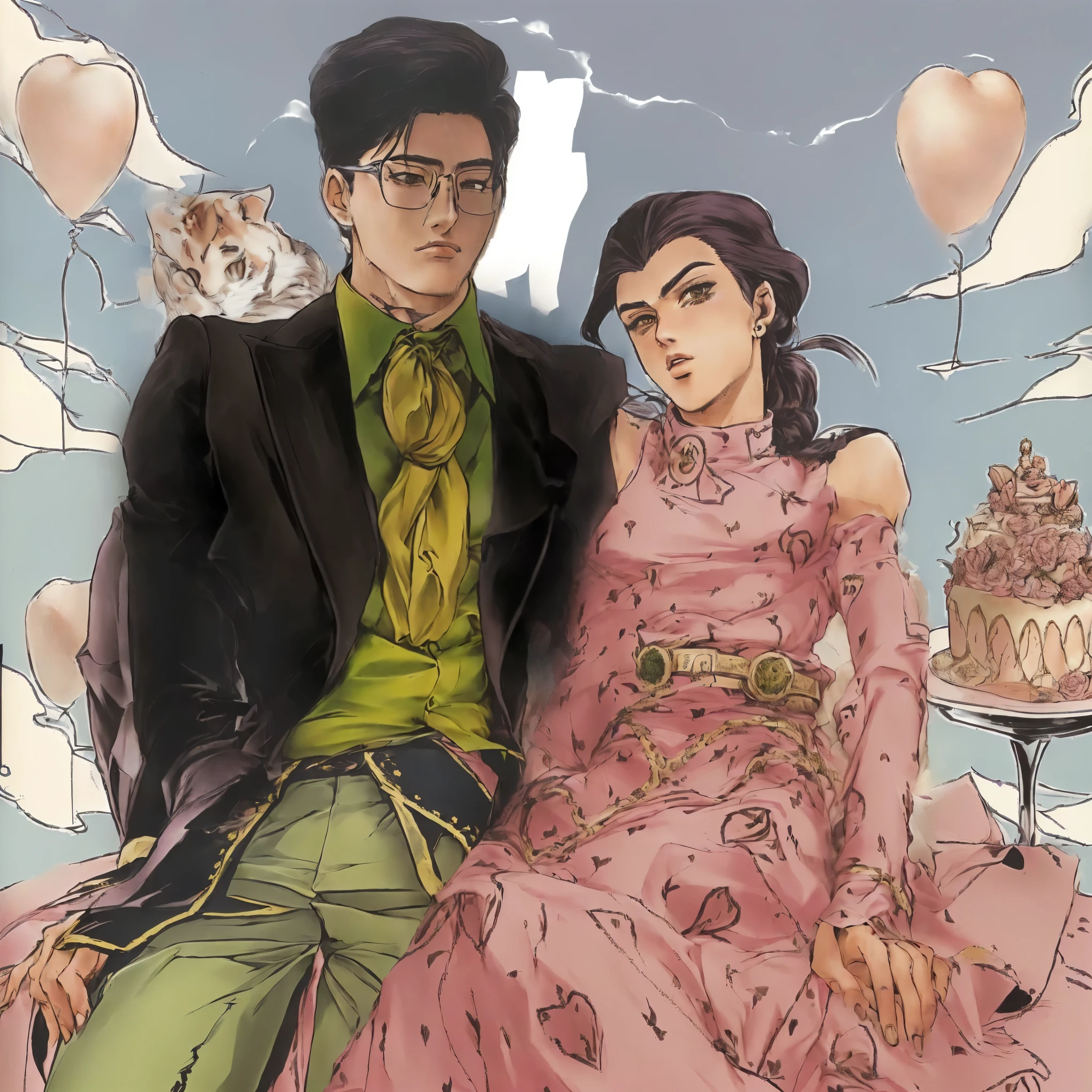 Anime picture of a man and a woman sitting on the bed eating cake, author：Araki Torohiko, Very detailed and beautiful fan art, Inspired by William Mustard Lockhart, author：Kojima Ayami, author：Hironaka Harumi, conrad roset and makoto shinkai, author：Kikugawa Ryōzan, Official Fanart, Inspired by Yumihiko Amano