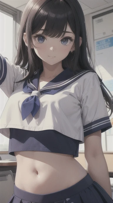 Girls in classroom, ((crop top sailor suit)), midriff shirt, blue student skirts, open navel, open belly, (show abdomen area), 