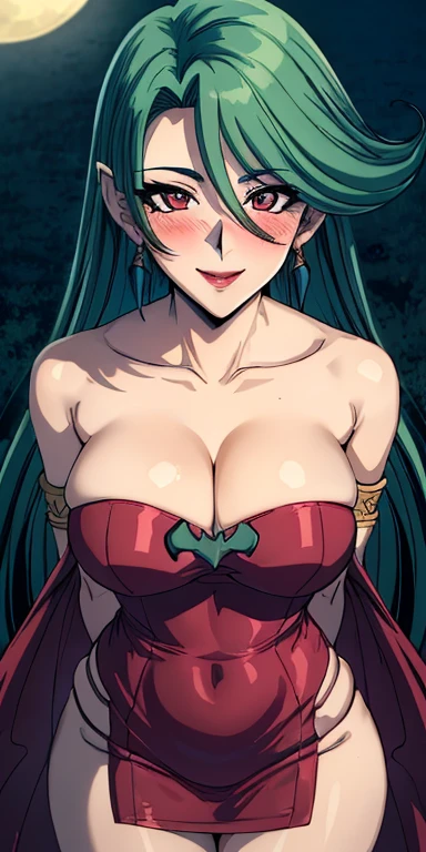 masterpiece, best quality, ultra-detailed, illustration,masterpiece, Best quality, high resolution, high resolution, Camula, 1girl, green hair, solo,clear skin, red dress, armlets,clear skin, upper body , evil smile,beautiful detailed eyes, looking at viewer in a seductive look, close up, (breast focus), (arms behind back:1.2), (from above:1.1),big sized breasts, attempt to seduce,blush, cleavage ,(wide thighs:1.3), moonlight, Sky, flying bats,((white veil))