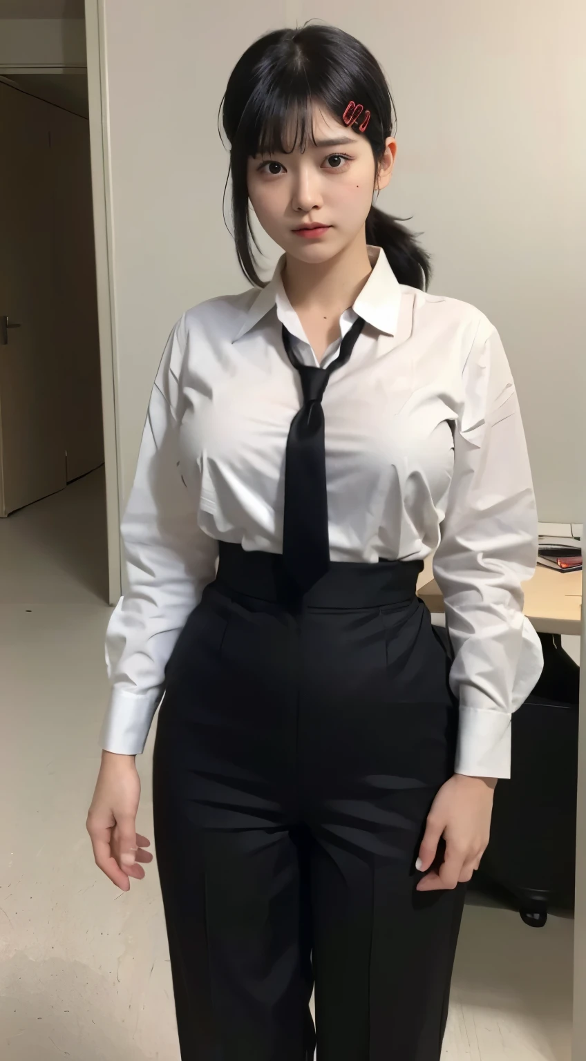 Highest quality、Ultra-high resolution、Professional Lighting、Detailed Background、workroom,Kobeni-chan、A sloppy smile、25-year-old woman、beautiful girl、(Kobeni-chan、Jet black hair, Black Hair, bangs, One-sided hair,)、(Red Hair Clip:1.1)、(White shirt:1.2)+(Black tie:1.2)+(black long pants for work:1.2)、(Huge breasts that look like they might burst:1.2)、(Big thighs:1.1)、Troubled face、Messed up、Are standing、Model pose