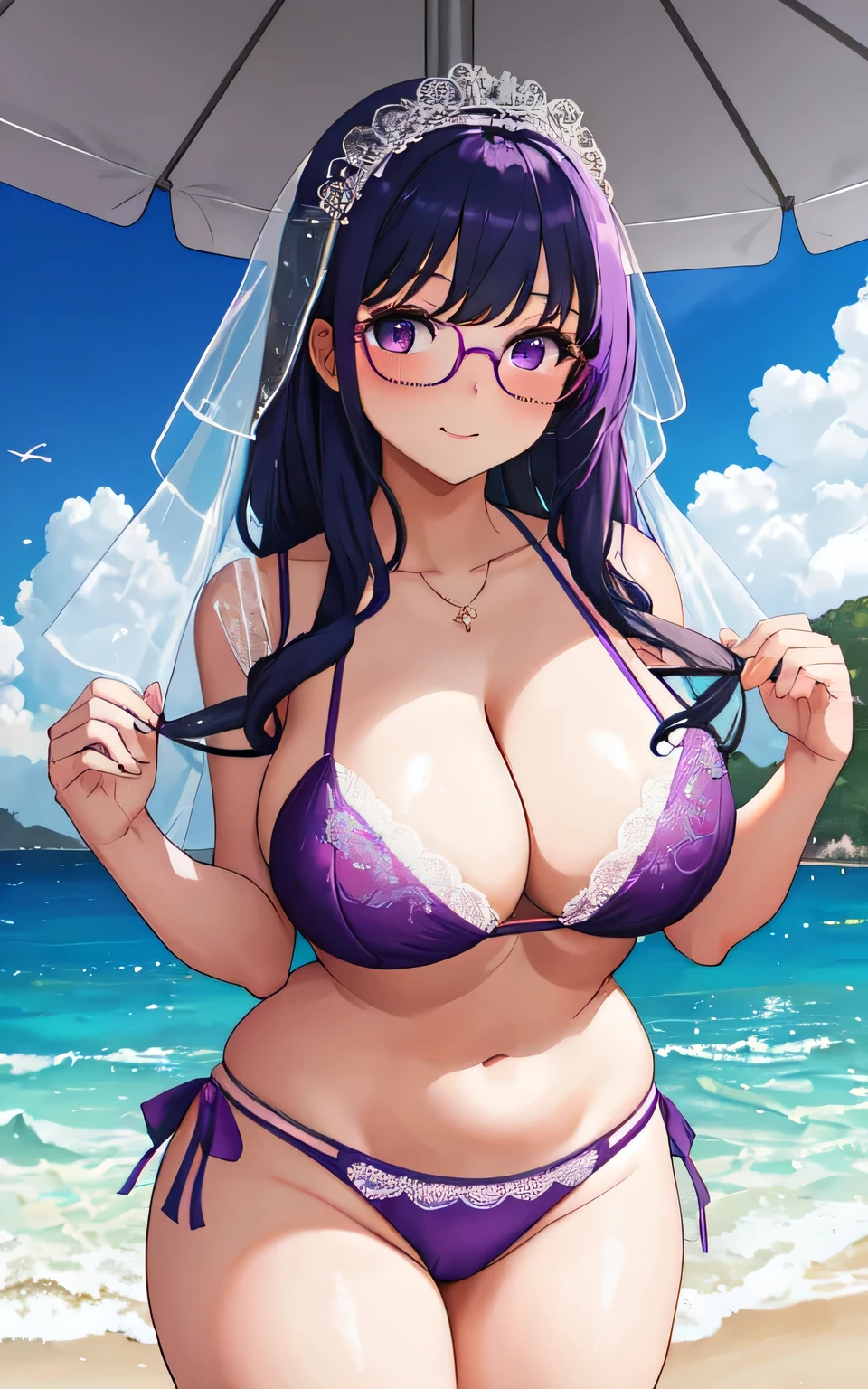 A 6-year-old girl with big breasts, plump body, round, dressed in a purple wedding dress, lace bikini, on the beach, wearing glasses, wearing a thin tulle