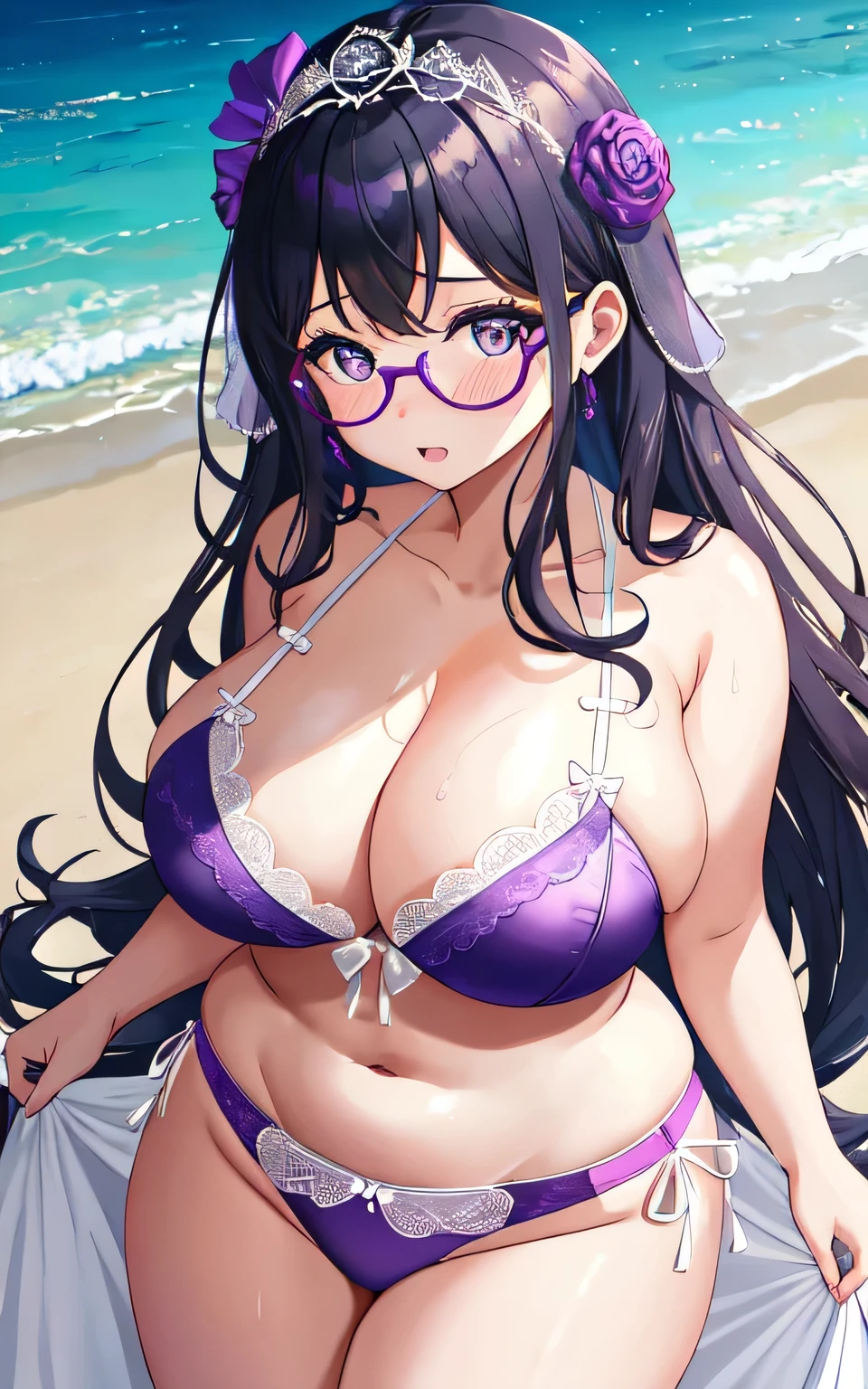A with big breasts, plump body, round, dressed in a purple wedding dress, lace bikini, on the beach, wearing glasses, wearing a thin tulle