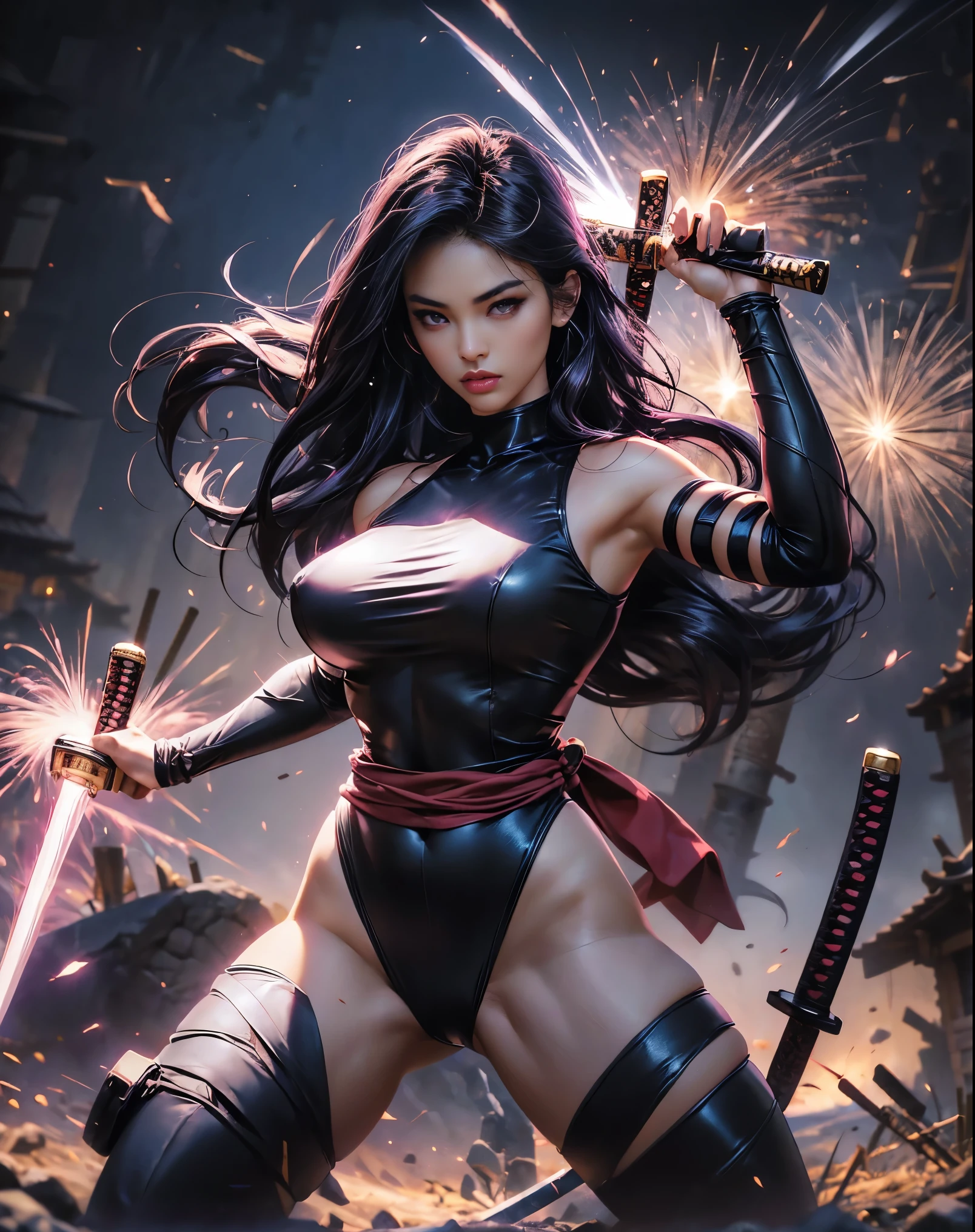 Beautifull 25 years old asian woman, Athletic Body, big breasts, small waist, round hips, psylocke in hero pose holding a samurai sword in the rifgt hand , pinks light aurea on her left hand, long wavy black hair, war scene, sparklers,  war, 