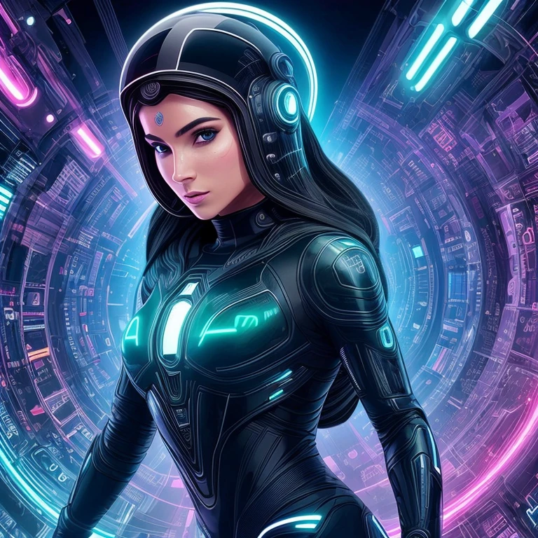 melhor qualidade, obra de arte, cinematic lighting, intricado, cinematic detailed realista background, rosto detalhado, corpo todo, realista, 1 garota negra correndo, paisagem futurista, scifi, olhando para o espectador, Pose de modelo, traje futurista ciborg, neon lighting. Full hd