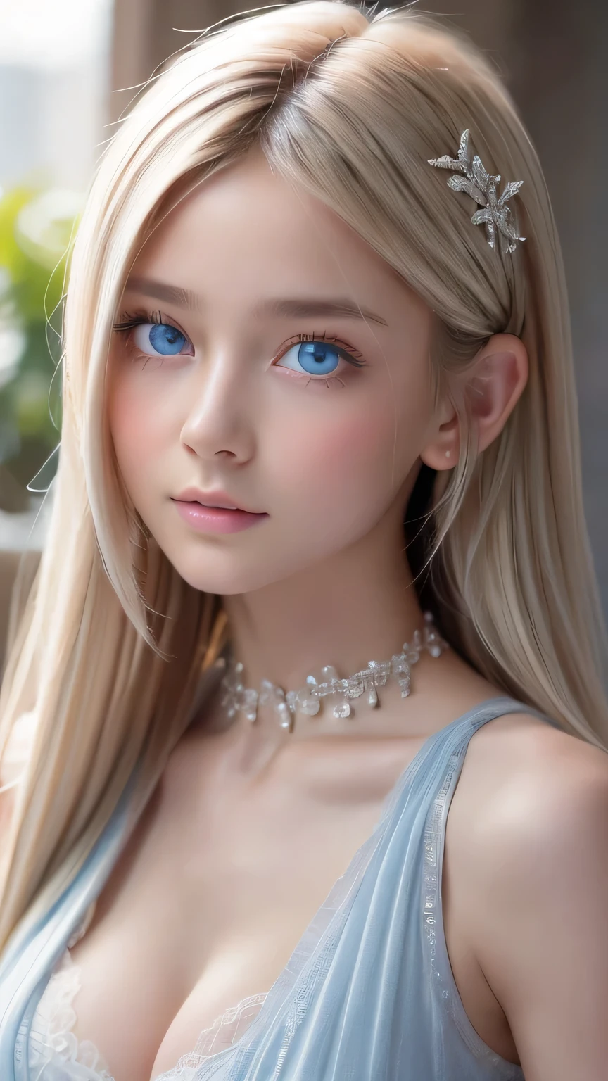 highest quality、8K Masterpiece、Ultra-high resolution、(Realistic:1.3)、RAW Photos、 girl of Scandinavian descent with shiny blonde hair、Silvery blonde hair、Super long straight hair、Bangs between the eyes、bangs over eyes、Hair above one eye、Hair between the eyes、White and lustrous skin、1. Cyberpunk Super Beautiful Soldier、((Ultra-Realistic Details))、Portraiture、Global Illumination、Shadow Realm、Octane Rendering、8K、Super sharp、Beautiful breasts、Bare skin in the cleavage is exposed、Metal、Cold colors、、Very intricate details、Realistic Light、CG Association Trends、Very beautiful, large light blue eyes、Very big eyes、Eyes shining towards the camera、Neon Details、Small Face Beauty、Round face、Cheek highlight