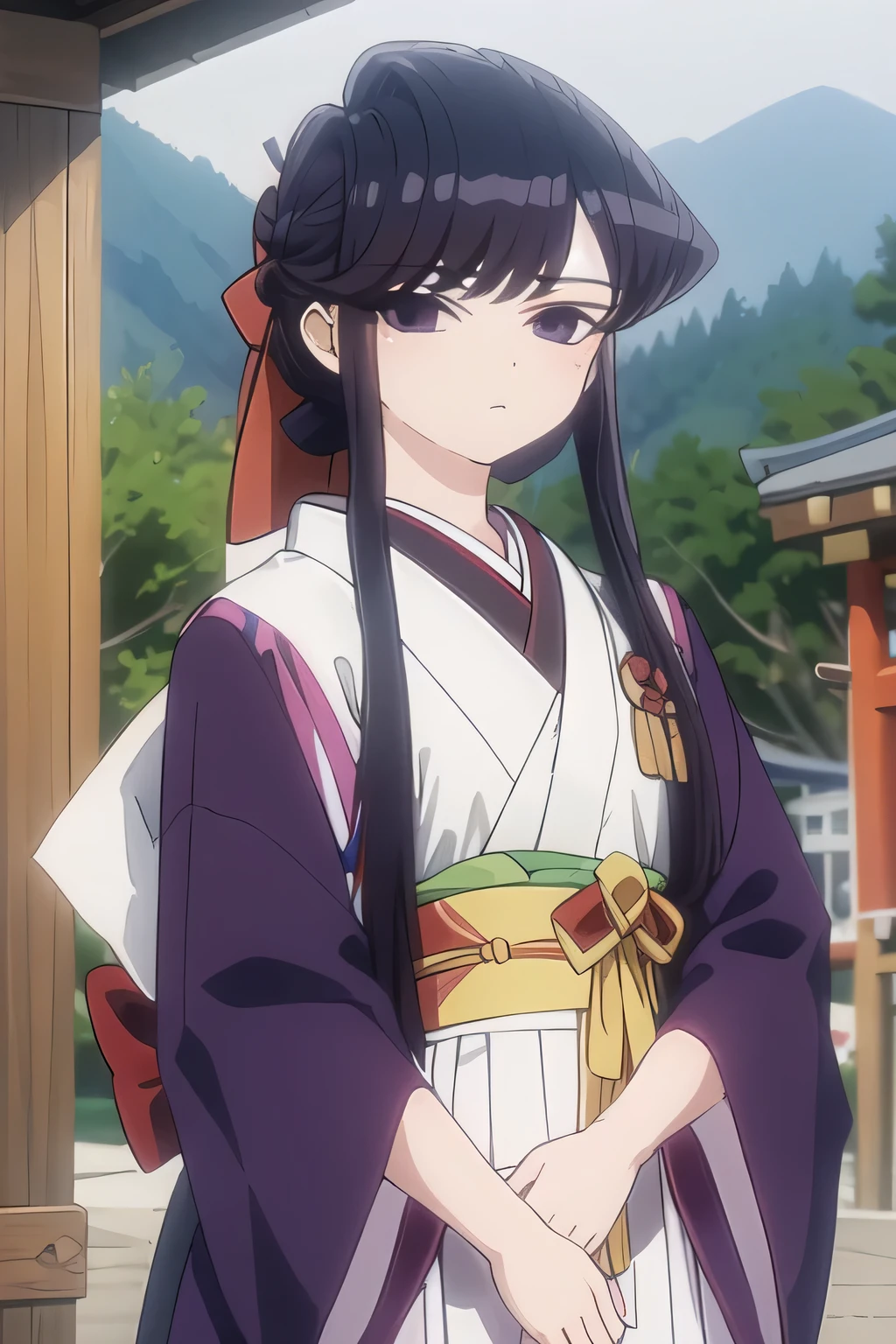 Xiaokokomidev, purple hair, Purple Eyes, Long hair,
Looking at the audience, Shut up, white kimono, Bangs, likewise, Wide sleeves, kimono, Brown background, 1 Girl, Solitary, Japanese clothes, bow, Shrine maiden, Upper Body,
masterpiece, best quality,