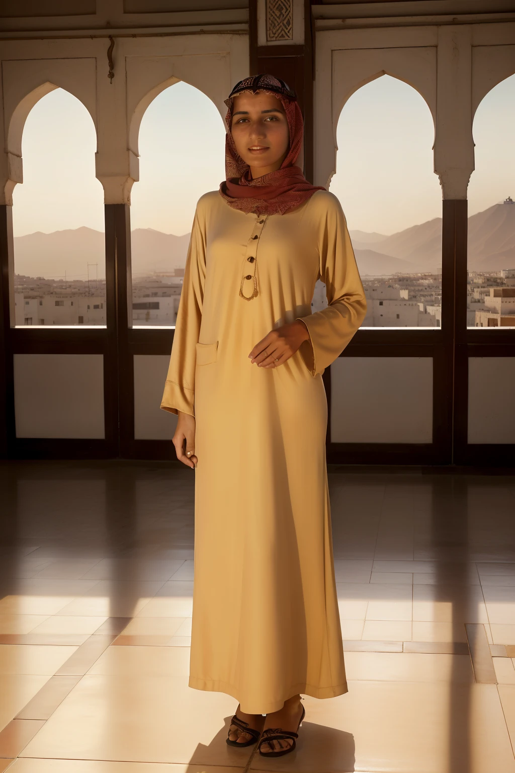 Tetouan, 1936. A young ((((25-year-old)) Sira Quiroga)), beautiful, skinny, at sunrise, inside the train station building, ((scared expression)), ((((oversized arab clothings from the 1930s)))), ((hairstyle of the 1930s)), ((colorful)