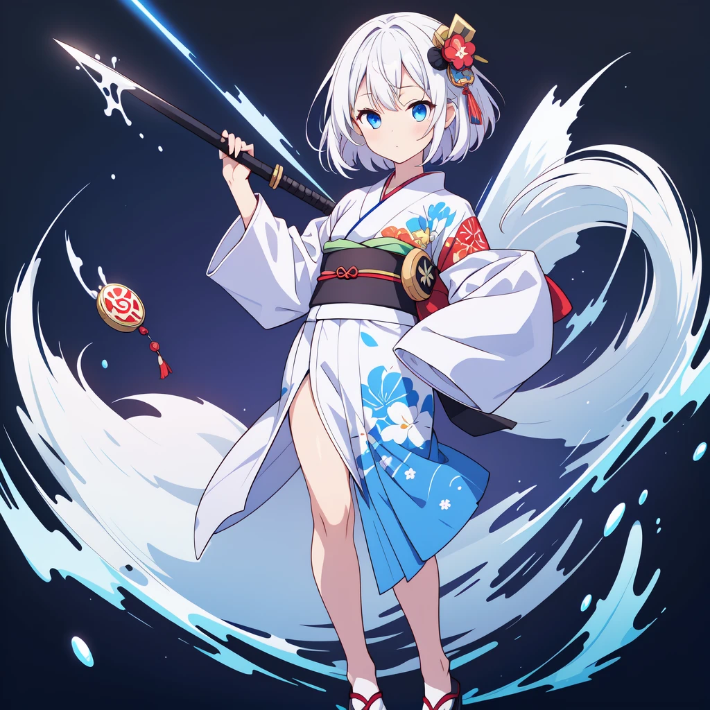 A girl in a kimono stands holding a jet black Japanese sword with a glittering tsuba、White medium hair、blue eyes、A kimono with a galaxy pattern on a blue background、White splashes on a black background、super high quality、Ultra-fine detail、Ultra-fine kimono patterns,family crest、Facing the viewer、