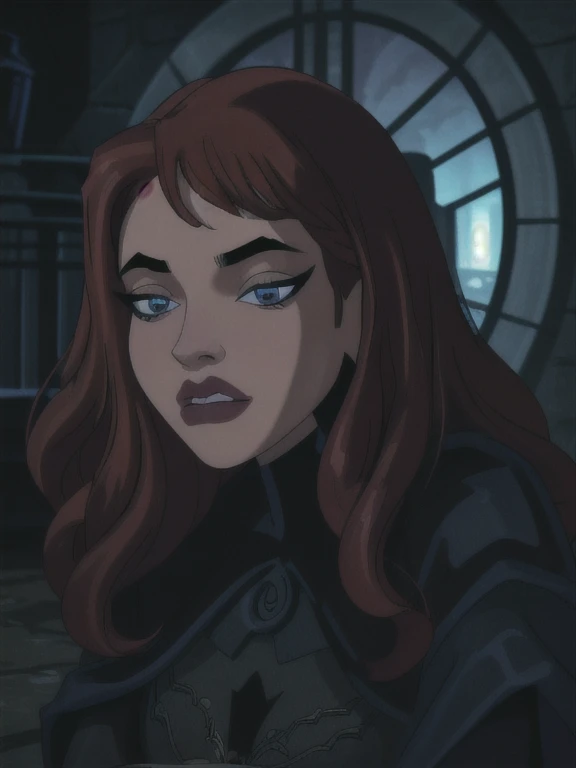 (a girl sleepingin  batcave,( red long curly hair),beautiful detailed eyes,beautiful detailed lips,extremely detailed face,long eyelashes, best quality,highres,ultra-detailed,realistic,dark castle vibes,